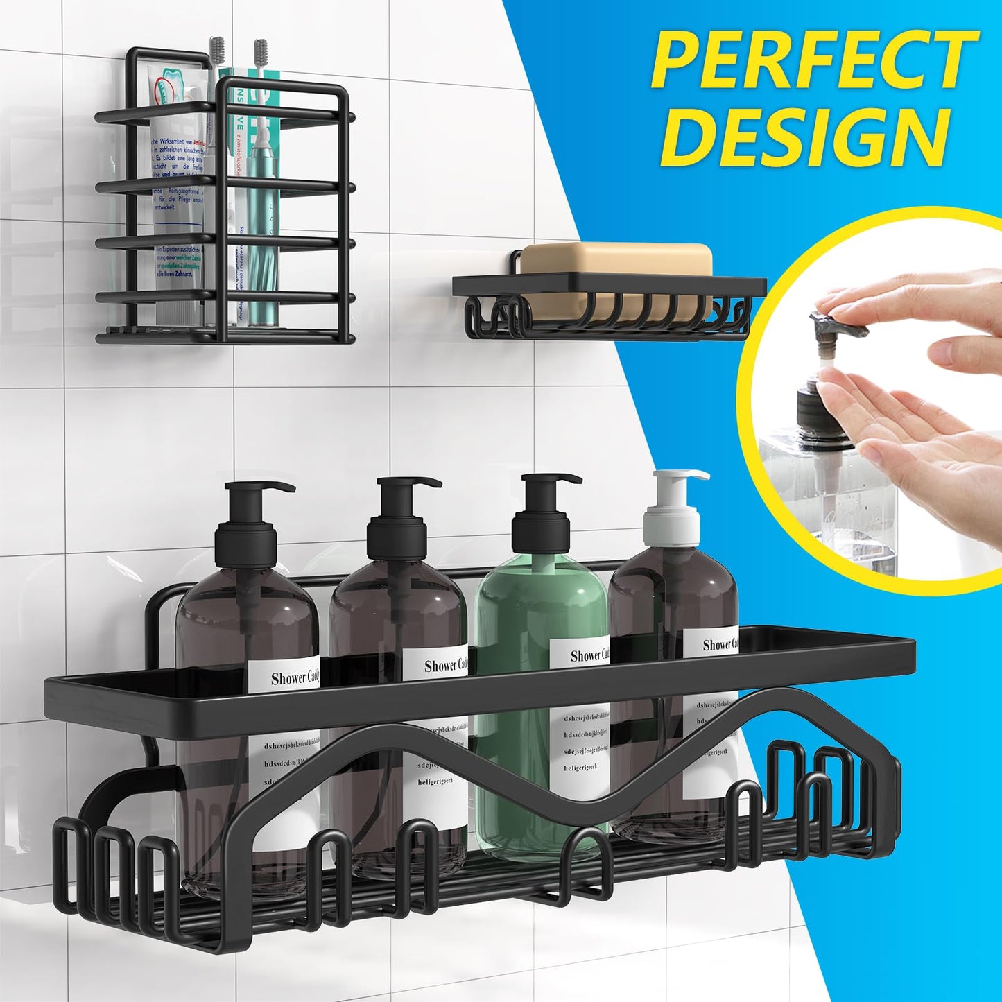 Coraje Adhesive Shower Caddy, 5-Pack Shower Shelves, Large Capacity Load Bearing 40 LBS Shower Organizer, No Drilling Shower Shelf, Rustproof Stainless Steel Bathroom Shower Storage, Black 🍁 All In One Marketplace Canada