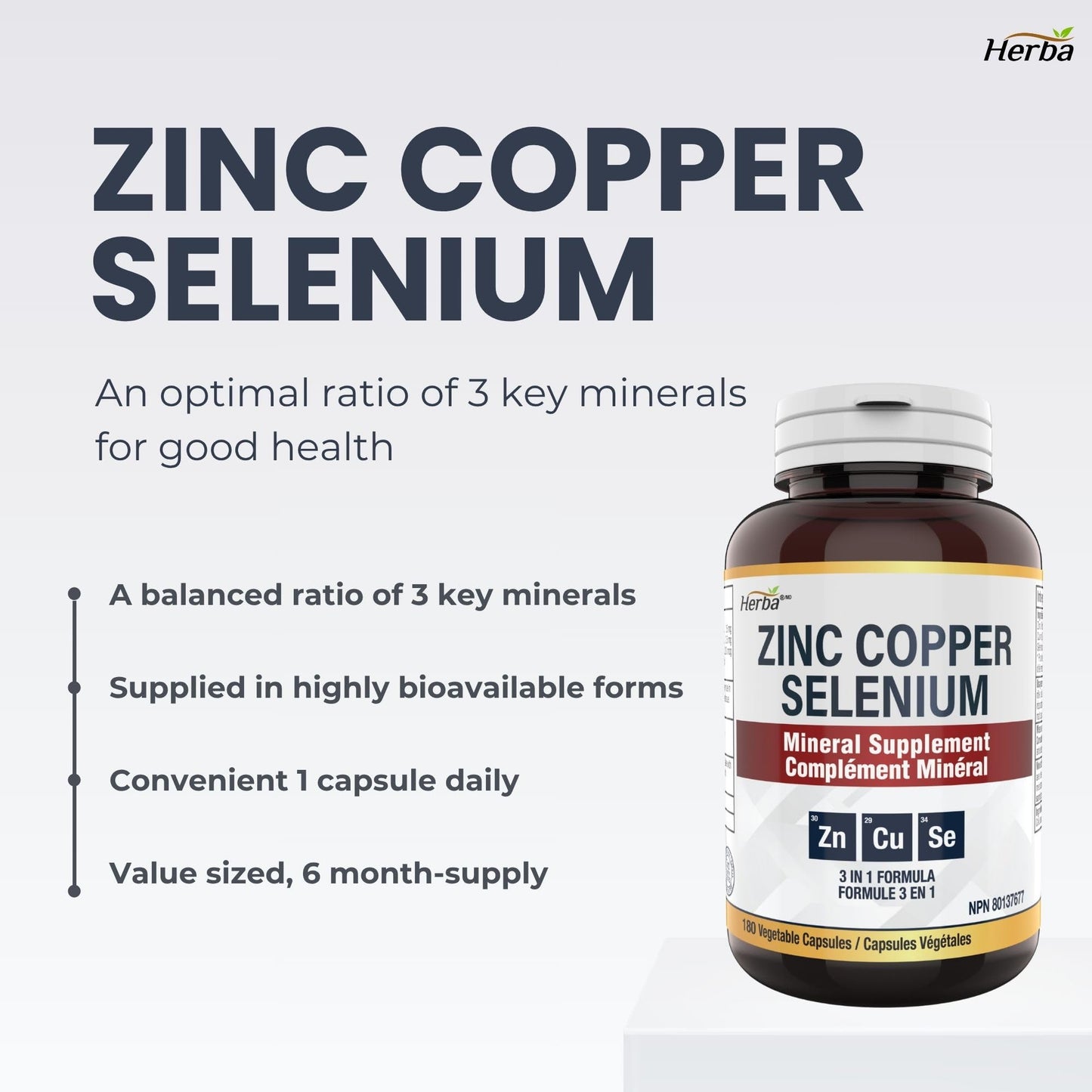 Herba Zinc Picolinate 25mg with Copper and Selenium - 180 Capsules | 3 in 1 Mineral Supplement | Selenium Zinc Copper Supplement | 6 Months Supply | Immune Support | Made in Canada 🍁 All In One Marketplace Canada