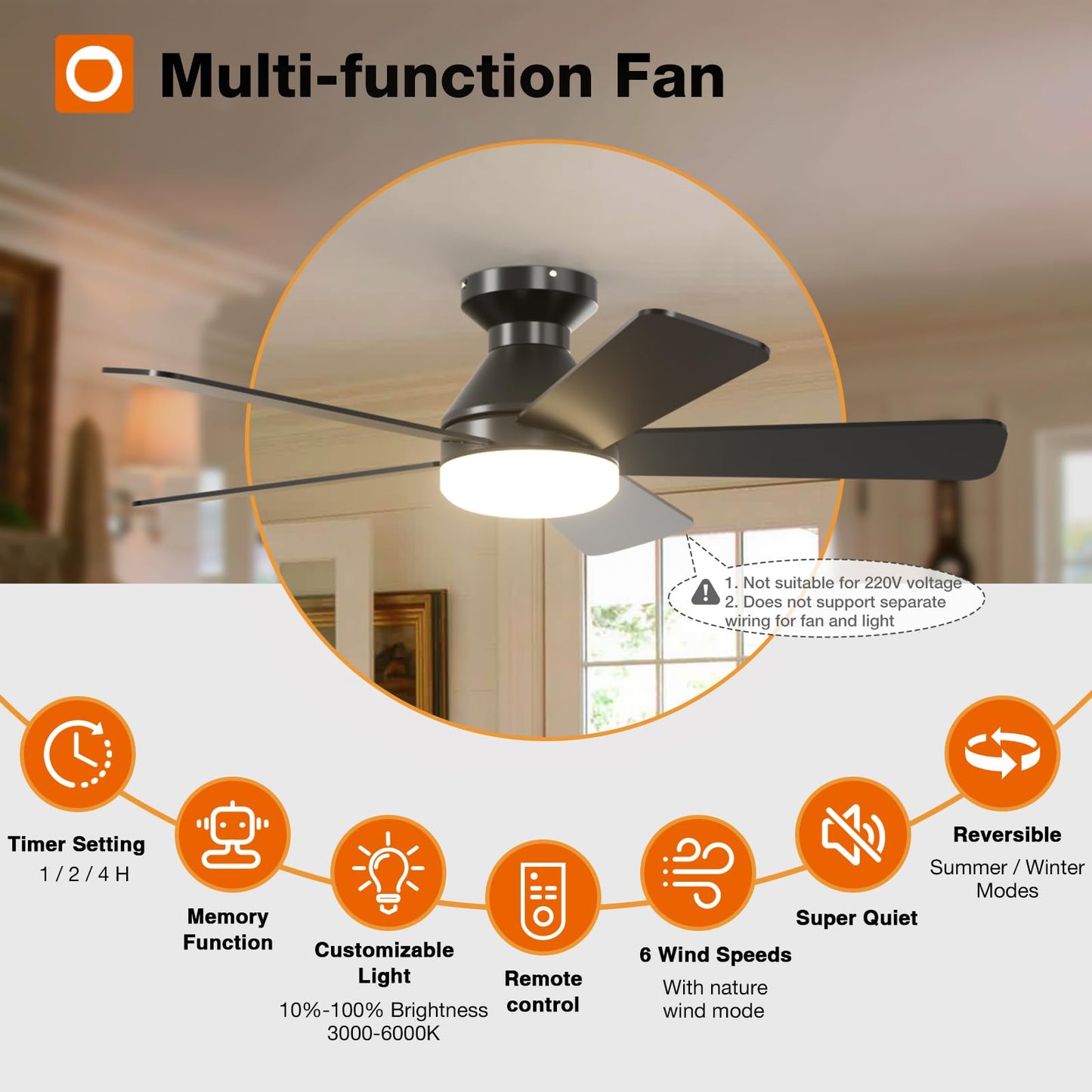 addlon Ceiling Fans with Lights, 42 Inch Low Profile Ceiling Fan with Light and Remote Control, Flush Mount, Reversible, 3CCT, Dimmable, Quiet, Black Small Ceiling Fan for Bedroom Indoor/Outdoor Use 🍁 All In One Marketplace Canada