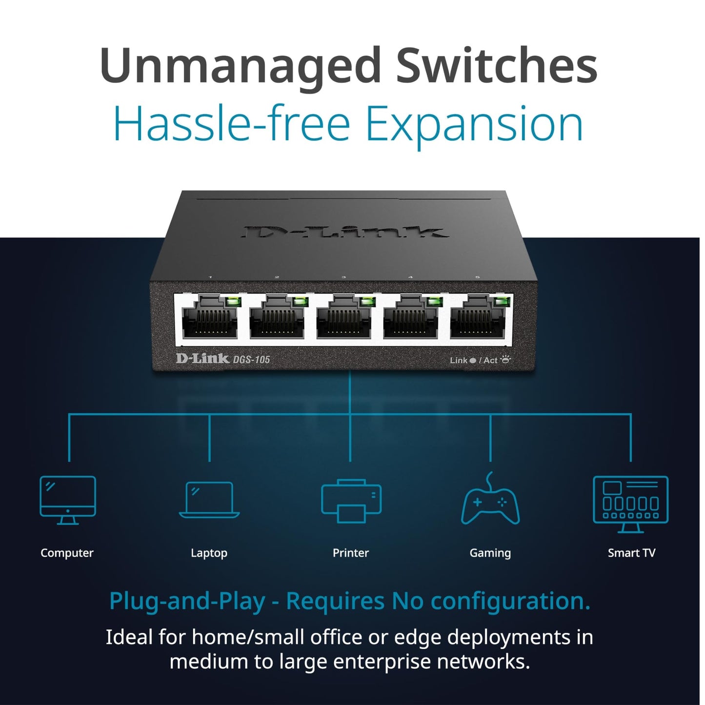 D-Link DGS-105, 5 Port Gigabit Ethernet Switch Unmanaged, Network Splitter, Silent Fanless, Network Hub, Sturdy Metal with Shielded Ports, Desktop/Wall Mount, QoS, Energy Saving, Plug and Play 🍁 All In One Marketplace Canada