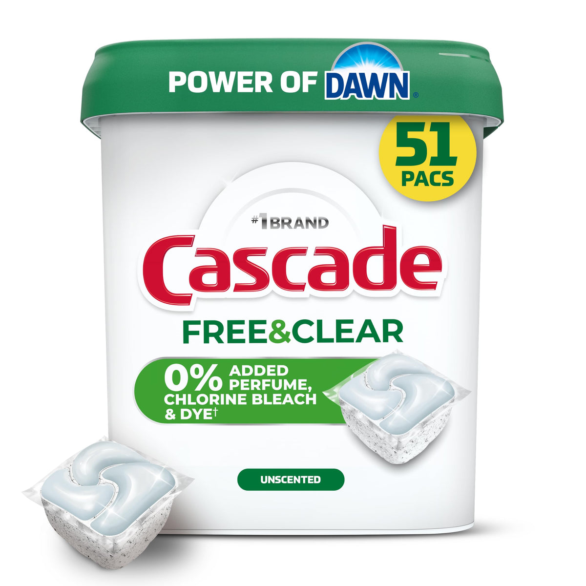 Cascade Free & Clear Dishwasher Detergent Pods, Dish Detergent Soap, 0% Added Perfume, Chlorine Beach & Dye, Unscented, 51 Count 🍁 All In One Marketplace Canada