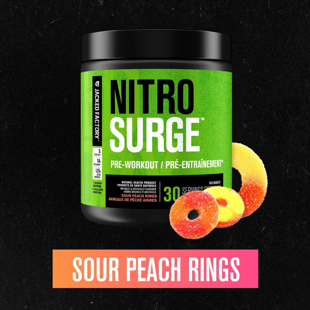 NITROSURGE Pre Workout Supplement - Endless Energy, Instant Strength Gains, Clear Focus, Intense Pumps - Nitric Oxide Booster & Preworkout Powder with Beta Alanine - 30 Servings, Sour Peach Rings 🍁 All In One Marketplace Canada