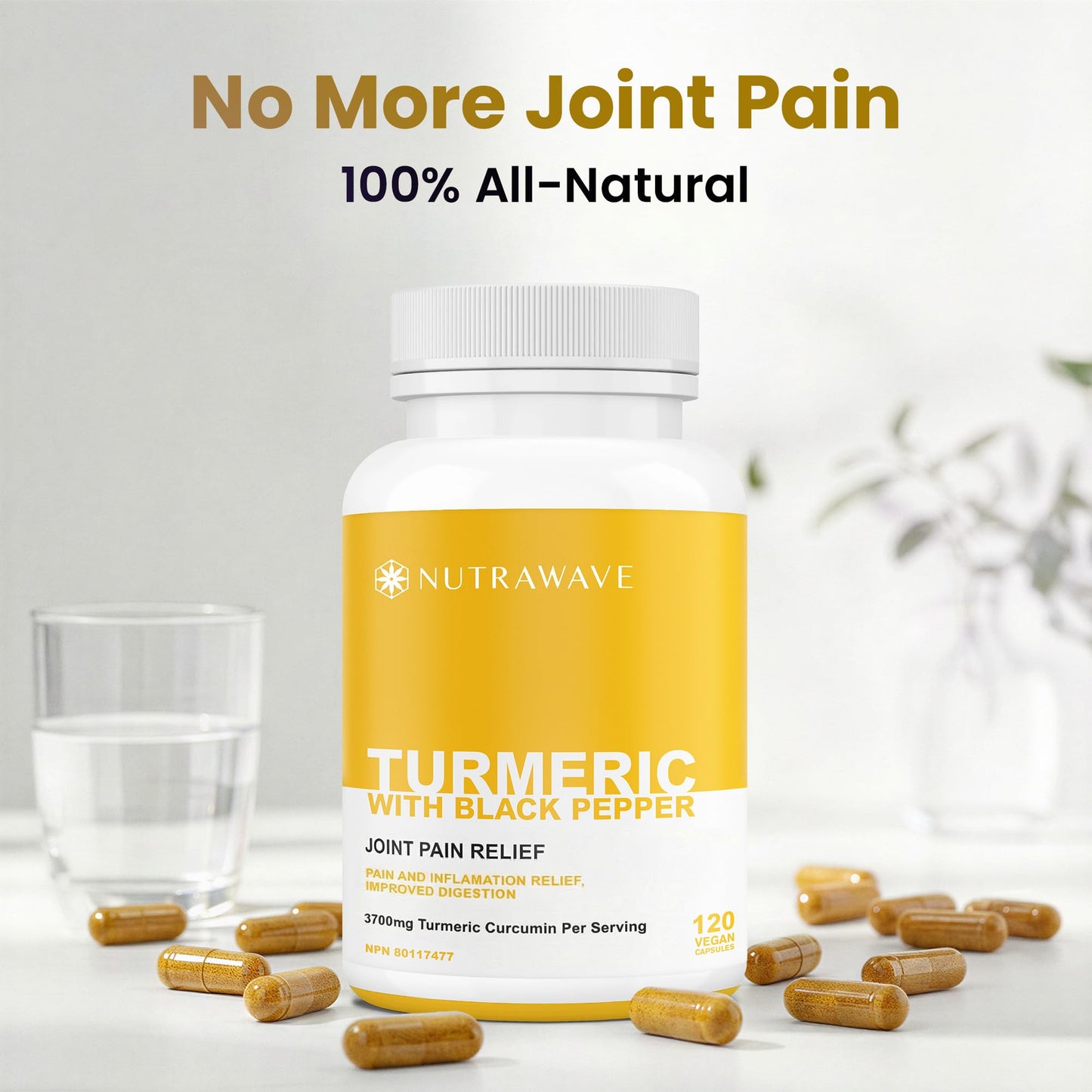 Nutrawave HIGH POTENCY TURMERIC CURCUMIN + BLACK PEPPER EXTRACT – Powerful 3700mg per Serving (2 capsules), Source of Anti-Inflammatory and Antioxidants. Joint Pain Relief, Improved Liver Function. Non-GMO, Vegan, Gluten Free. Zero Additives, Easy to Swal