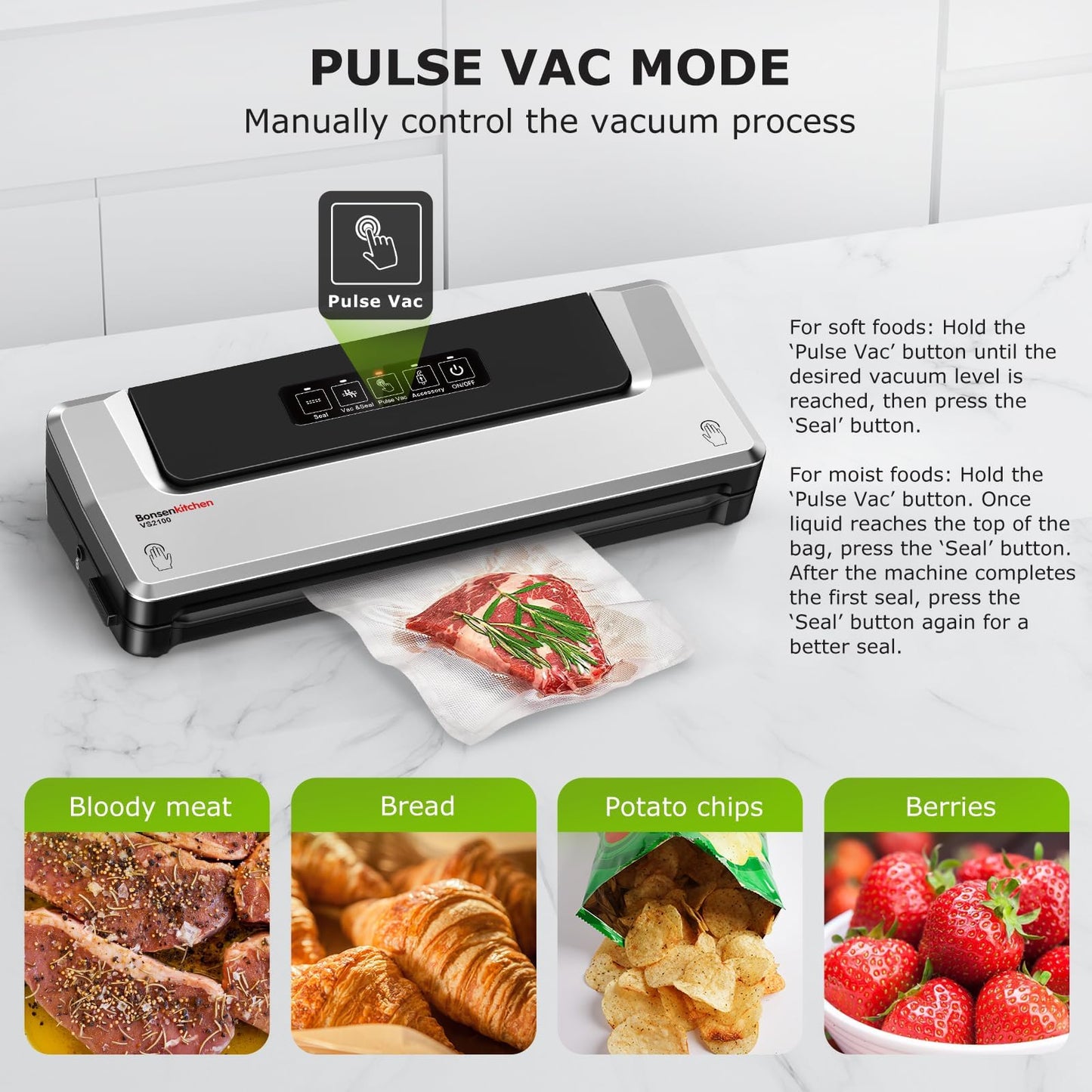 Bonsenkitchen Vacuum Sealer Machine, 90Kpa Powerful Food Sealer, Multi-Functional Food Vacuum Sealer with Vacuum Bags & Accessory Hose,Globefish Technology for High-Speed Continuous Working, Silver 🍁 All In One Marketplace Canada