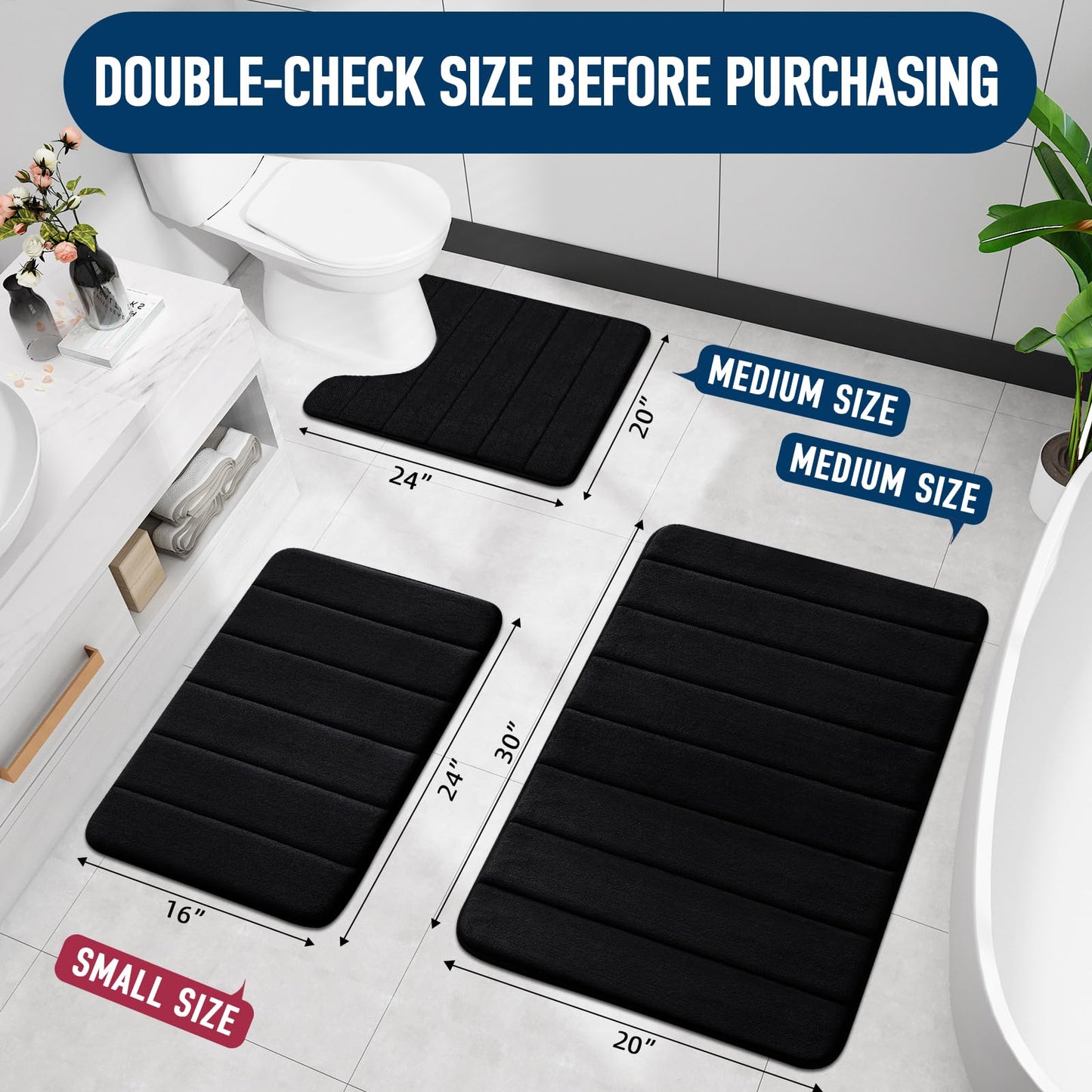 OLANLY Soft Memory Foam Bath Mat, Non-Slip and Super Absorbent Bathroom Mat, Machine Washable Quick Dry Bath Mats for Bathroom, Shower, and Tub, 16" x 24", Black 🍁 All In One Marketplace Canada