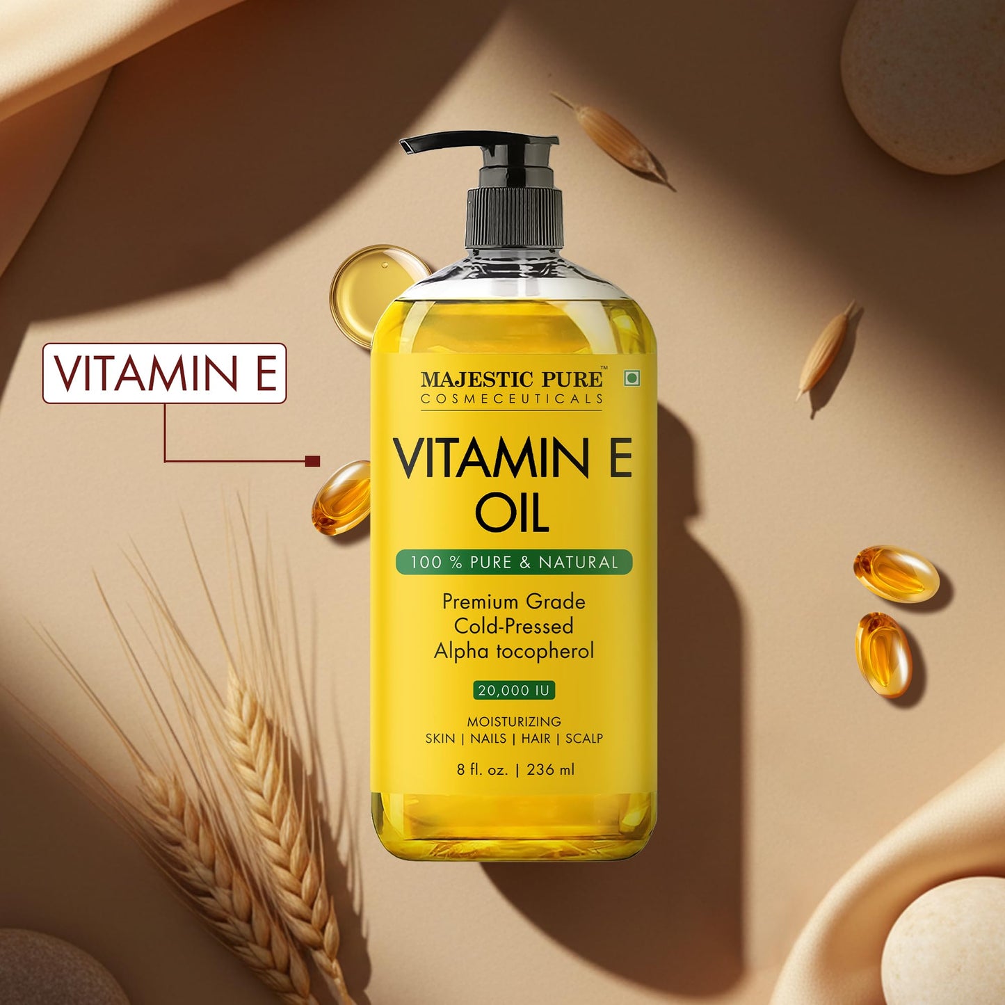 Majestic Pure Vitamin E Oil - 100% Pure & Natural, 20,000 IU | Premium Grade, Cold-Pressed and Tocopherol to Repair Dry, Damaged Skin| Moisturizing Skin, Hair and Scalp 8 Fl Oz 🍁 All In One Marketplace Canada