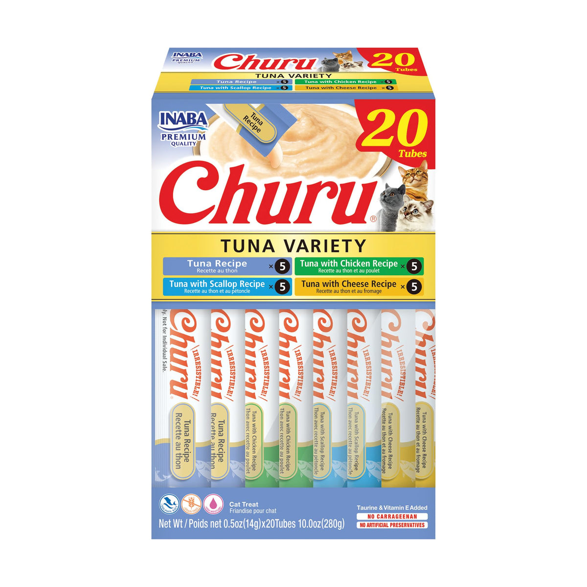 INABA Churu Cat Treats, Grain-Free, Lickable, Squeezable Creamy Purée Cat Treat/Topper with Vitamin E & Taurine, 0.5 Ounces Each Tube, 20 Tubes, Tuna Variety Box 🍁 All In One Marketplace Canada