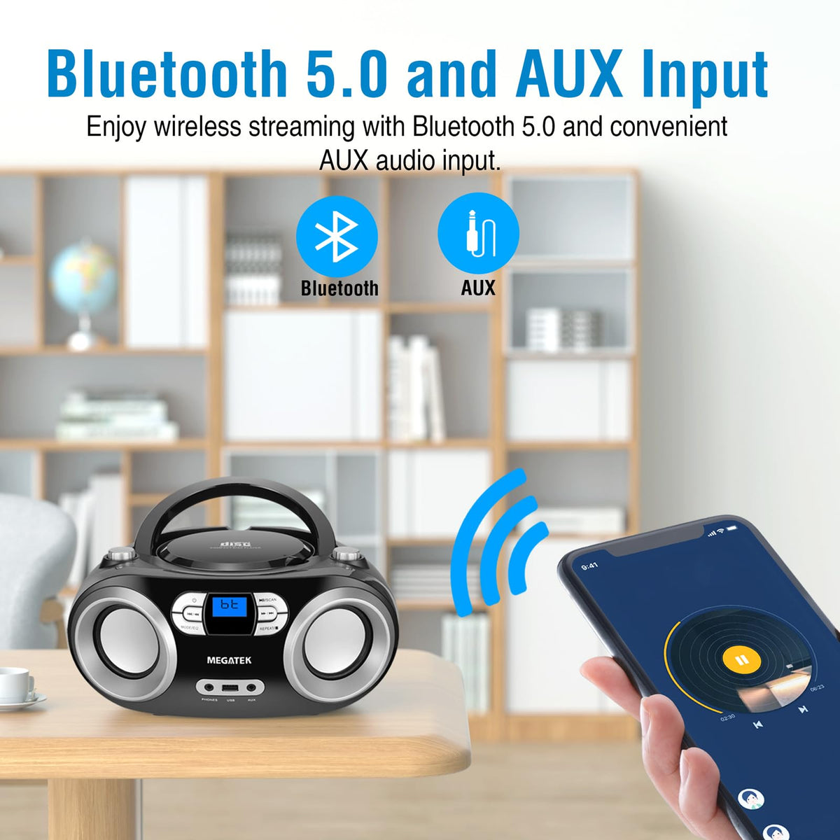 MEGATEK Portable CD Player Boombox with FM Radio, Bluetooth, USB Port, AUX Input, and Headphone Jack – CD-R/CD-RW/MP3-CD Compatible, Clear Stereo Sound, Backlit LCD Display – Black 🍁 All In One Marketplace Canada