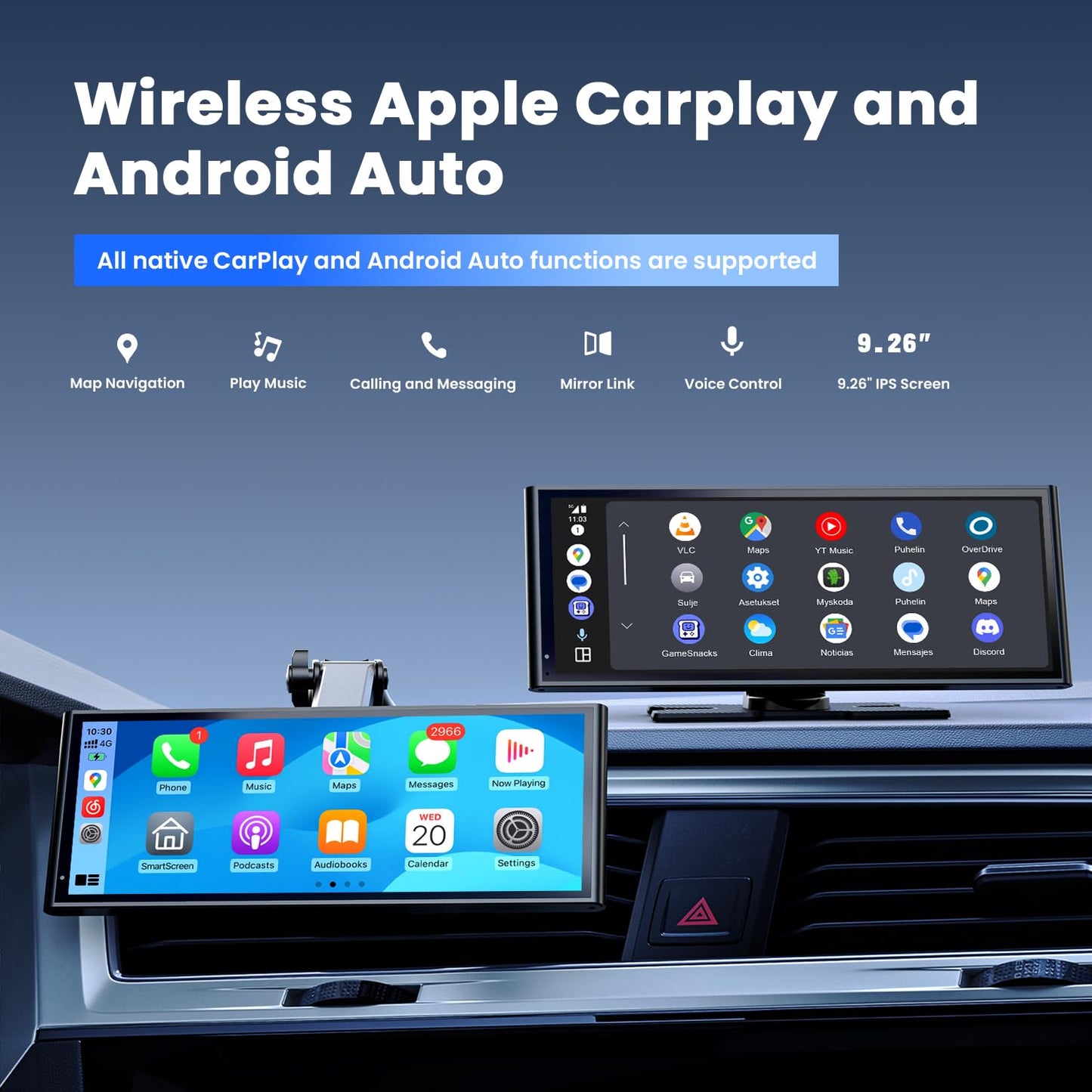 9.26" Carplay Screen for Car, Wireless Portable Car Play Screen for Apple CarPlay & Android Auto, OTA Updates, Backup Camera, Bluetooth 5.0, Mirror Link, Voice Control, GPS Navigation, FM 🍁 All In One Marketplace Canada