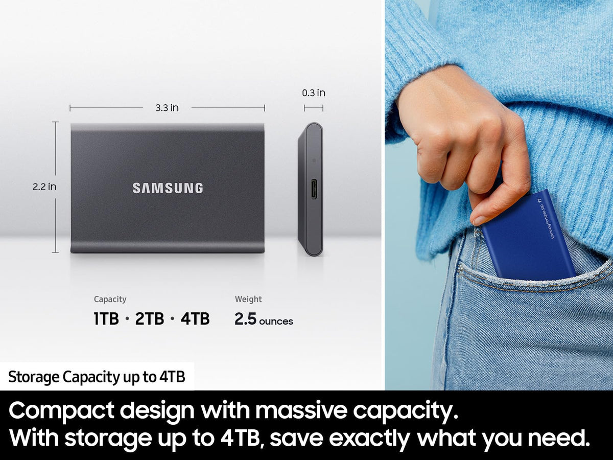 SAMSUNG T7 1TB, Portable SSD, Grey, up to 1050MB/s, USB 3.2 Gen2, Gaming, Students & Professionals, External Solid State Drive (MU-PC1T0T/AM) [Canada Version] 🍁 All In One Marketplace Canada