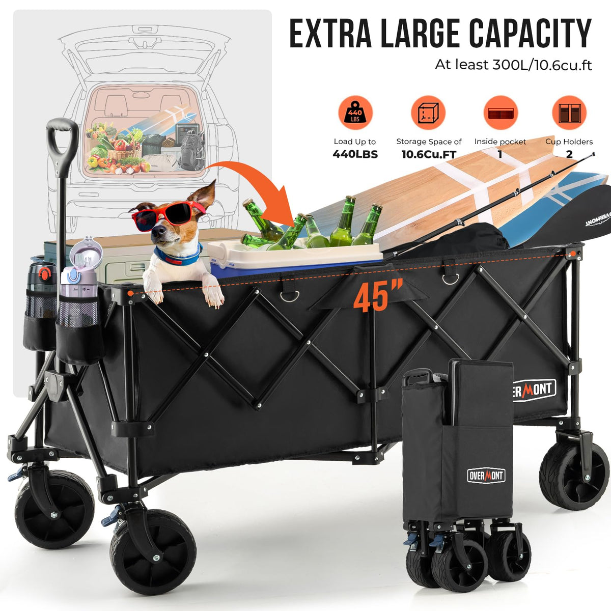 Overmont 300L Foldable Collapsible Wagon - Heavy Duty Utility Beach Wagon Cart with Rotatable Wide Wheels Inside Pockets for Camping Garden Shopping Sports - 440lbs Load 🍁 All In One Marketplace Canada
