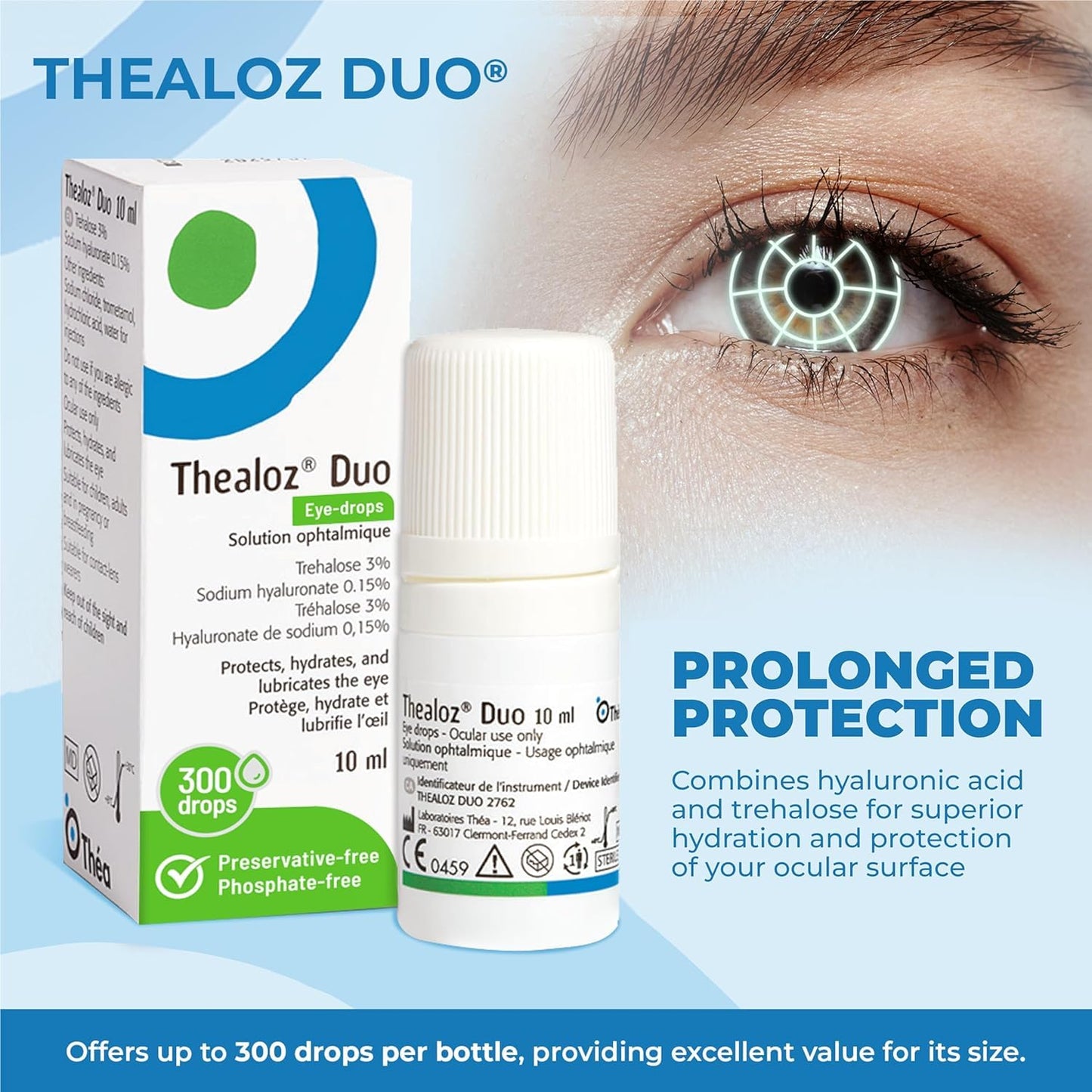 Thea Pharma Thealoz Duo Eye Drops, Clinically Proven for Dry Eyes, Hydration with Hyaluronic Acid & Trehalose, Tear Film Stabilization, Contact Lens Compatible - 10 ml (300 Drops) 🍁 All In One Marketplace Canada