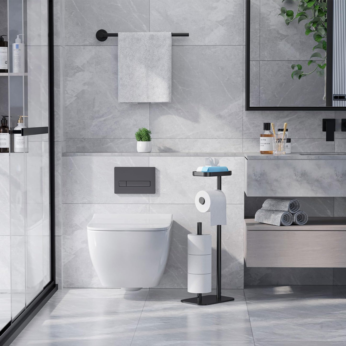 Kitsure Toilet Paper Roll Holder Free Standing – Rustproof Metal Toilet Paper Stand for 4 Rolls with Anti-Slip Base and Shelf for Phone & Small Items, Black, 63.0 x 23.5 x 15.0 cm 🍁 All In One Marketplace Canada