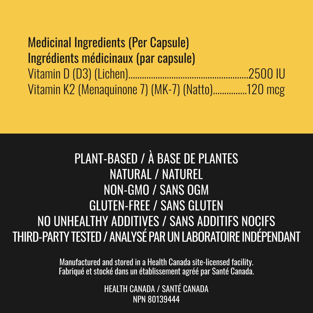Vitamin D3 K2 Supplement - 2500 IU D3, 120 mcg K2 MK7 x 124 Capsules - Plant-Based, Vegan - Prevents Deficiency, Supports Bone Health in Women and Men - Made in Canada, Third-Party Tested - Nutritionn 🍁 All In One Marketplace Canada