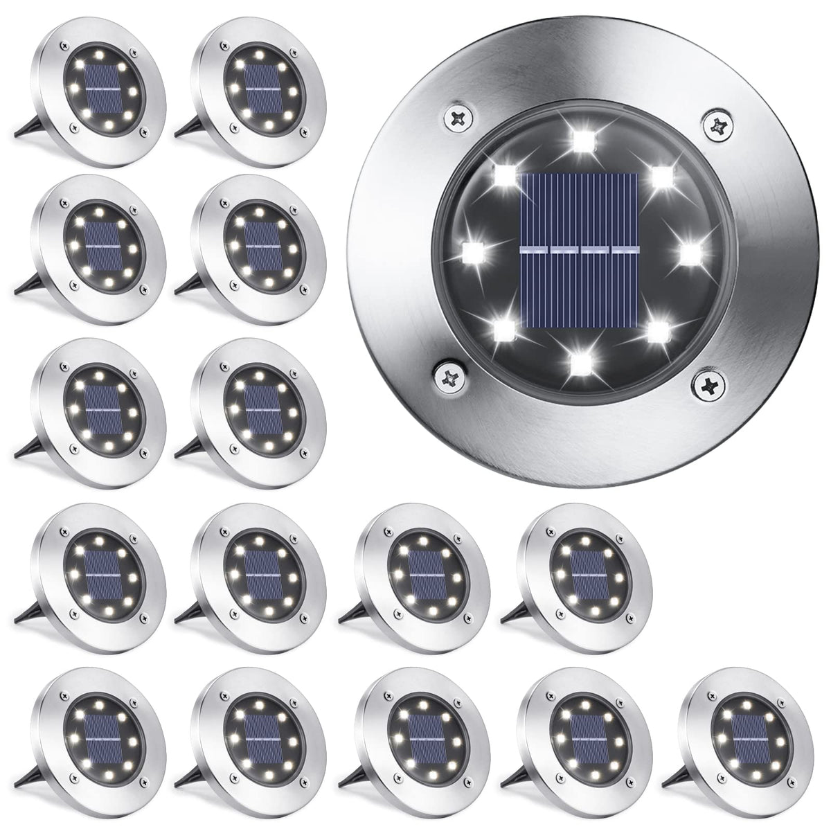 LYHOPE Solar Ground Lights Outdoor, 16 Pack 8 LED Solar Disk Lights Waterproof Garden In-ground Pathway Lights Landscape Lighting for Lawn,Yard,Deck,Patio,Walkway (White) 🍁 All In One Marketplace Canada