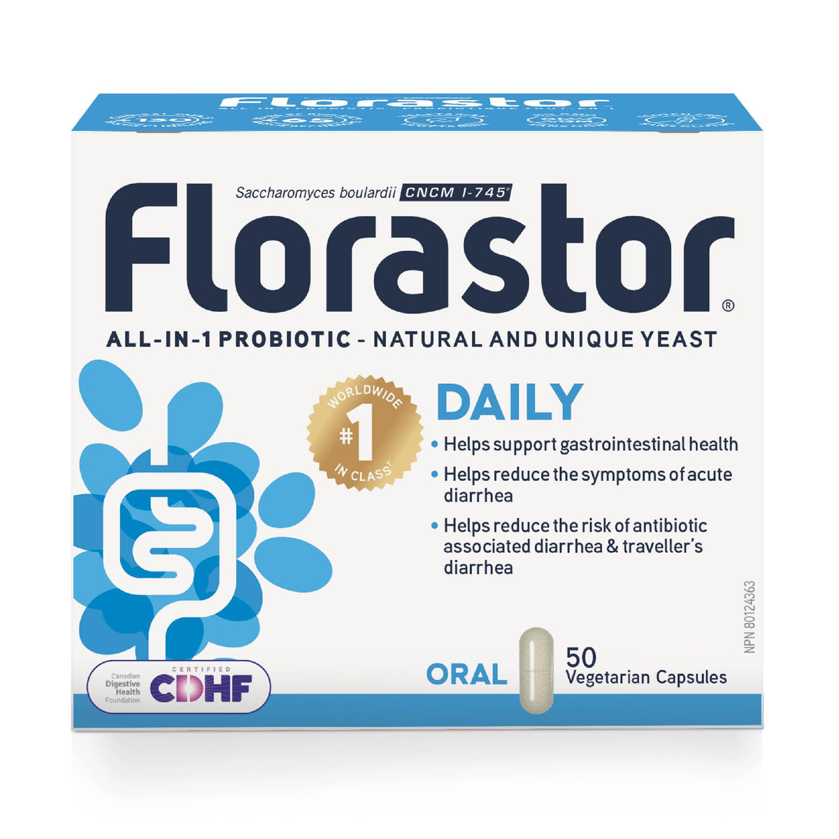 Florastor - Saccharomyces Boulardii CNCM I-745 - Daily All in One Probiotic - Gut Health & Digestive Support - Supports Immune System - The 1 Probiotic in class Worldwide - For Adults & Family (50 count (Pack of 1)) 🍁 All In One Marketplace Canada