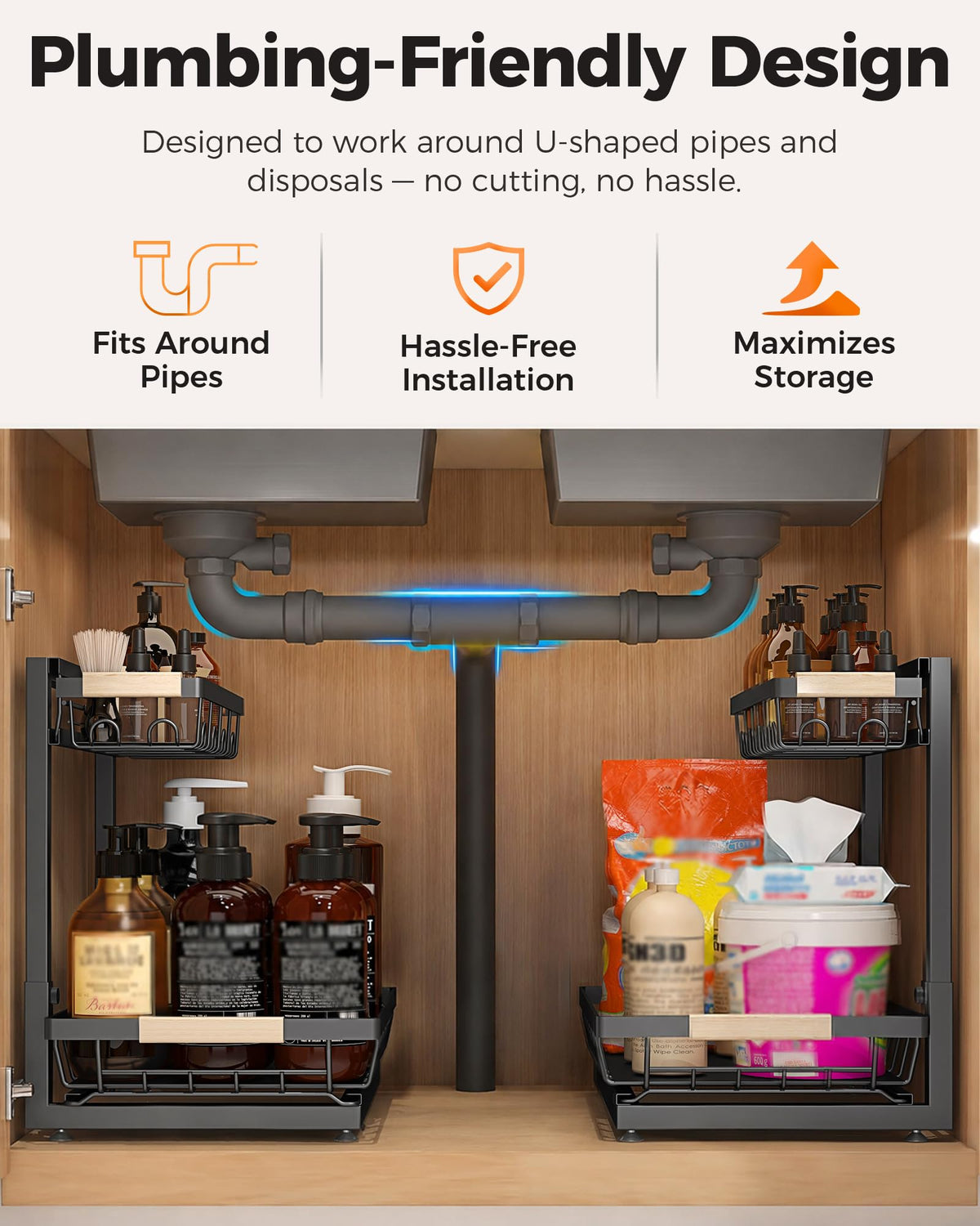 Sevenblue 2 Pack Under Sink Organizer, Height Adjustable 2 Tier Under Sink Organizer Kitchen, Multi-Purpose Storage Shelf for Kitchen Bathroom Cabinet (Black, Large) 🍁 All In One Marketplace Canada