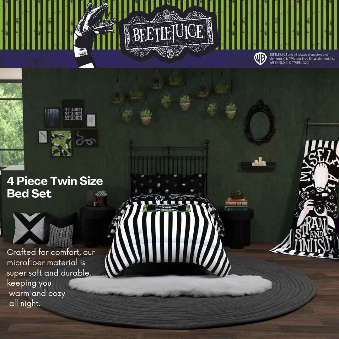 Franco Collectibles Beetlejuice Halloween Striped Bedding 4 Piece Super Soft Comforter and Sheet Set, Twin, (Officially Licensed Product)