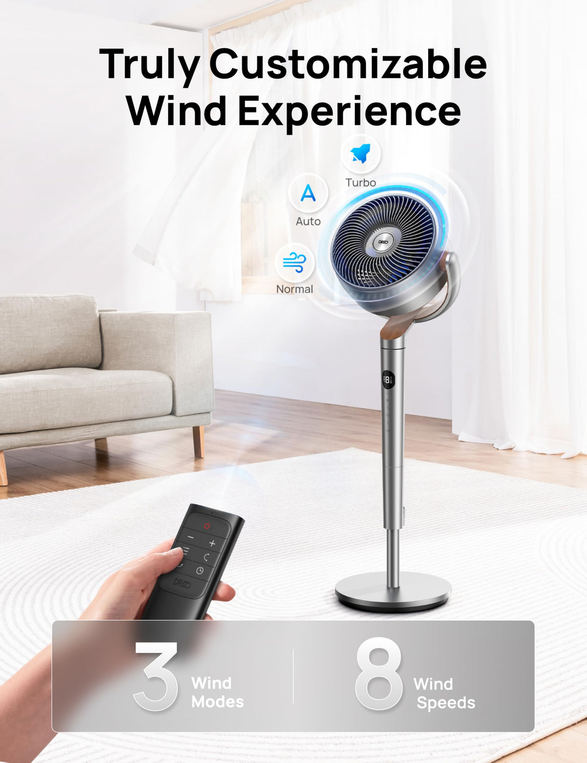 DREO Fan for Bedroom, 120°+120°Omni-directional Oscillating Fan, 90ft, DC Motor, 20 dB Quiet Standing Pedestal Fans, 8 Speeds, 3 Modes Circulator with Remote, 35-40" Adjustable Height, 8H Timer 🍁 All In One Marketplace Canada
