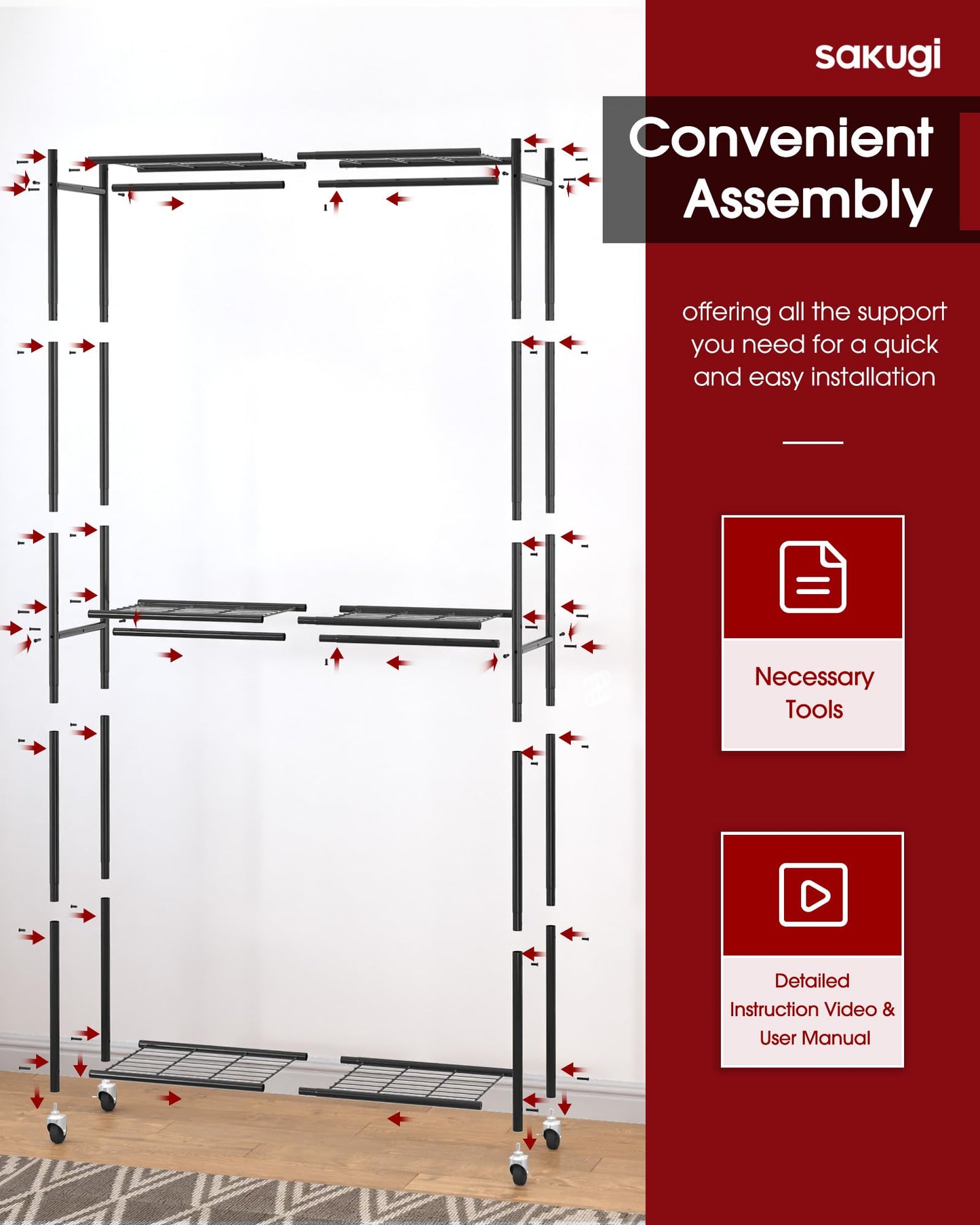 Sakugi Clothing Rack - Coat Rack with Shelves & Wheels, Multi-Functional Clothes Rack with Hooks, Sturdy Metal Garment Shelf for Bedroom, Laundry, Balcony, 84W × 31D × 202H cm, Black 🍁 All In One Marketplace Canada