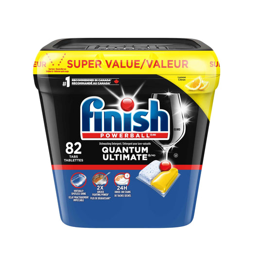 Finish Quantum Ultimate Dishwasher Detergent Pods, 3-Chamber with Powerball, 2X Grease Fighting*, 24H Dried-On Stains, Deep Clean, Virtually Spotless Shine, No Pre-Rinse, Lemon, 82 Tabs 🍁 All In One Marketplace Canada