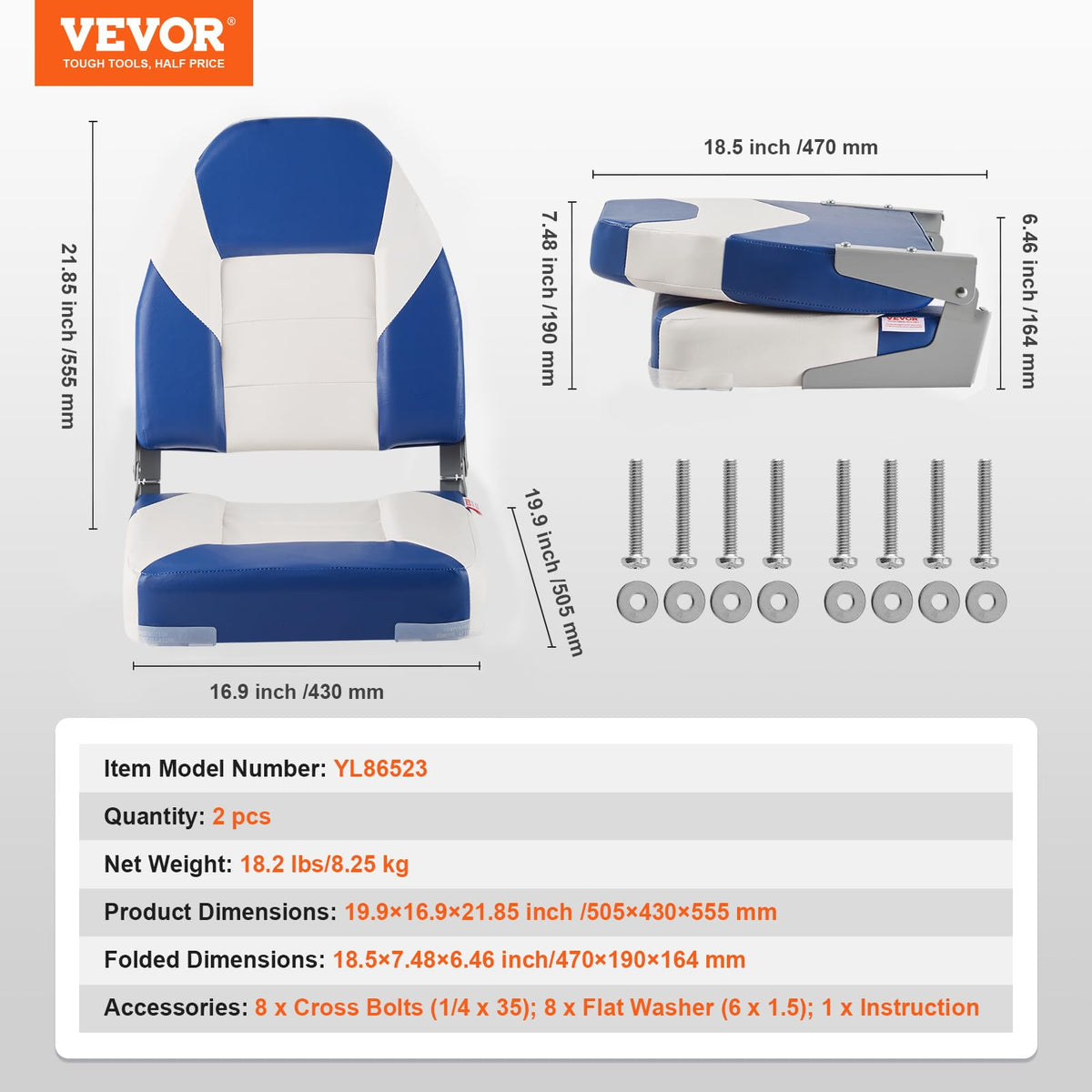 VEVOR High Back Boat Seats, 21.85" Folding Chair with Thickened Sponge Padding and Hinge, Fold-Down Captain Chairs for Fishing, Sightseeing, Speedboat, Canoe, 2-Pack 🍁 All In One Marketplace Canada