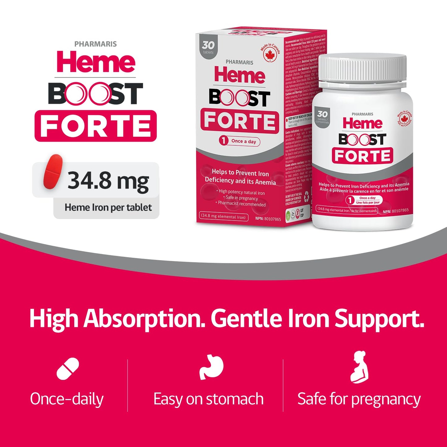 Hemeboost Forte 696 mg Heme Iron Supplements Polypeptide, (34.8 mg Elemental Iron), Prevents Iron Deficiency & Anemia, Better Absorption, Well-Tolerated Formula, Safe for Pregnancy, 30 Tablets 🍁 All In One Marketplace Canada