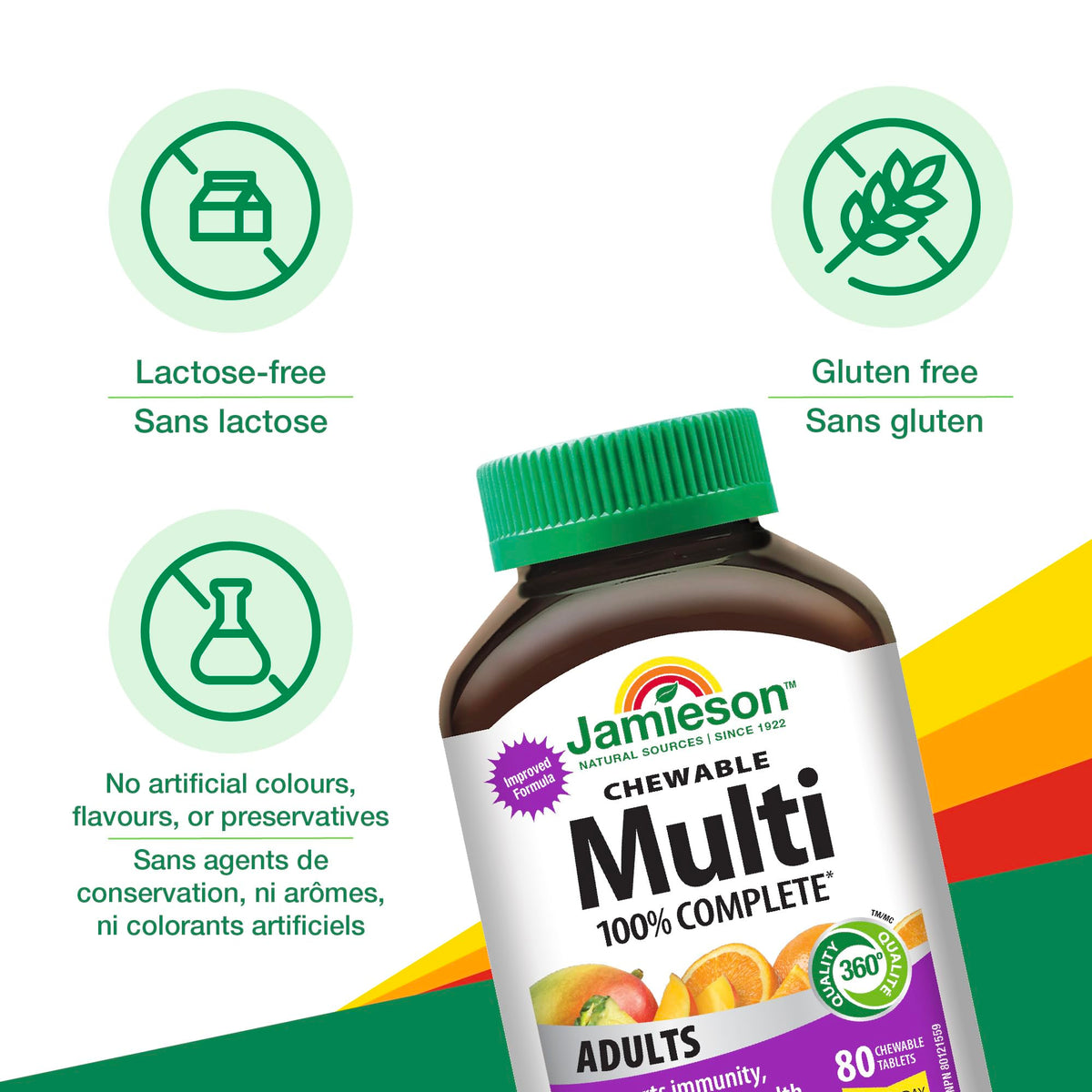 Jamieson 100% Complete Multivitamin Chewable for Adults Citrus Twist Flavour, with Lutein, Calcium, and Biotin. Supports Immunity, Energy, and Overall Health, No Artificial Colours, Flavours, or Preservatives, One Per Day, 80 Count