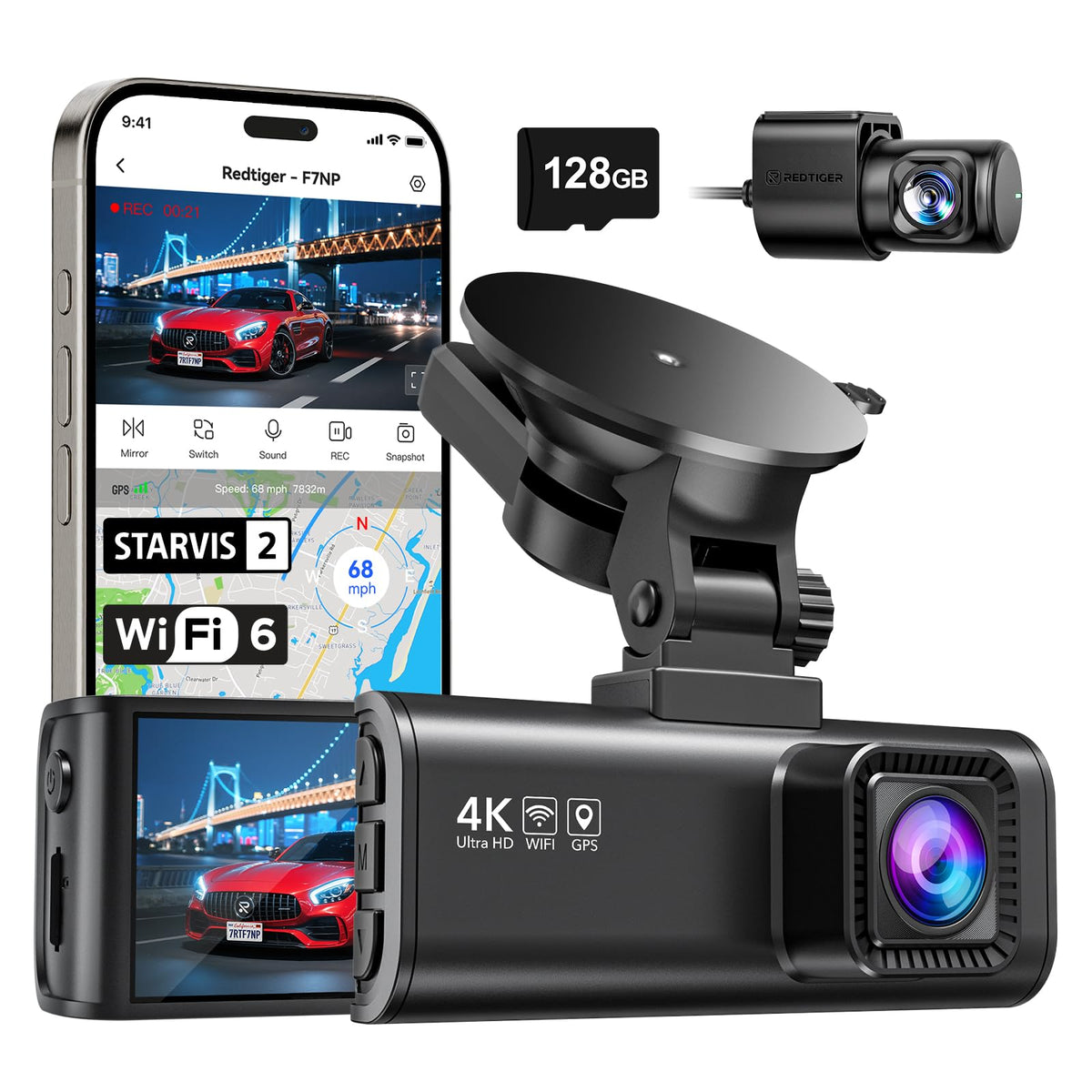 REDTIGER 4K Dash Cam Front and Rear with STARVIS 2, 5.8GHz Wi-Fi Dash Camera for Cars, 128GB Card Included, GPS, 3.18”IPS Screen, Night Vision, 170°Wide Angle, WDR, 24H Parking Mode(F7NP) 🍁 All In One Marketplace Canada