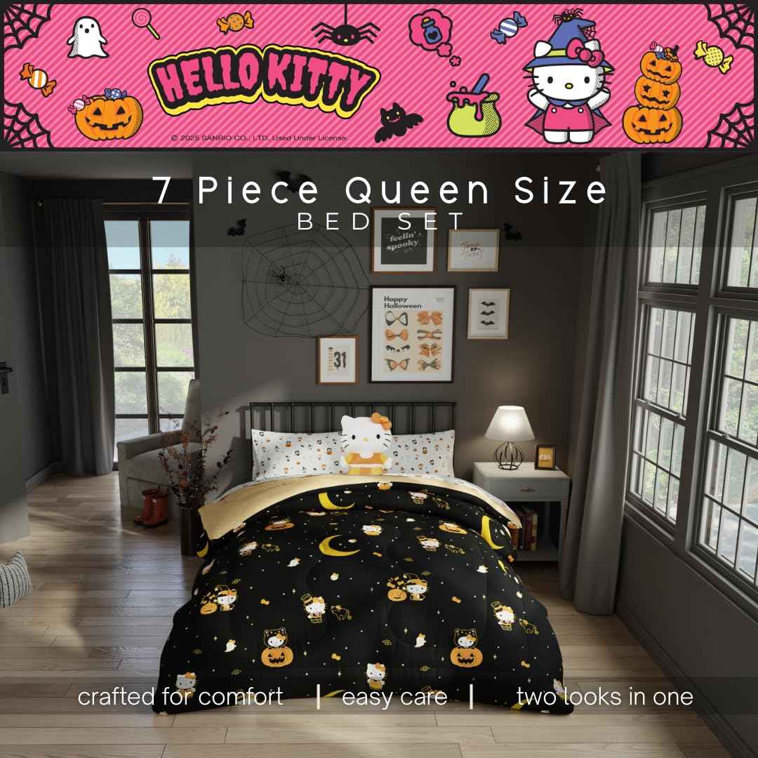 Sanrio Hello Kitty Halloween Pumpkin Queen Bed Set – Super Soft & Cozy 5 Piece Reversible Comforter and Sheet Set (Officially Licensed Product) by Franco