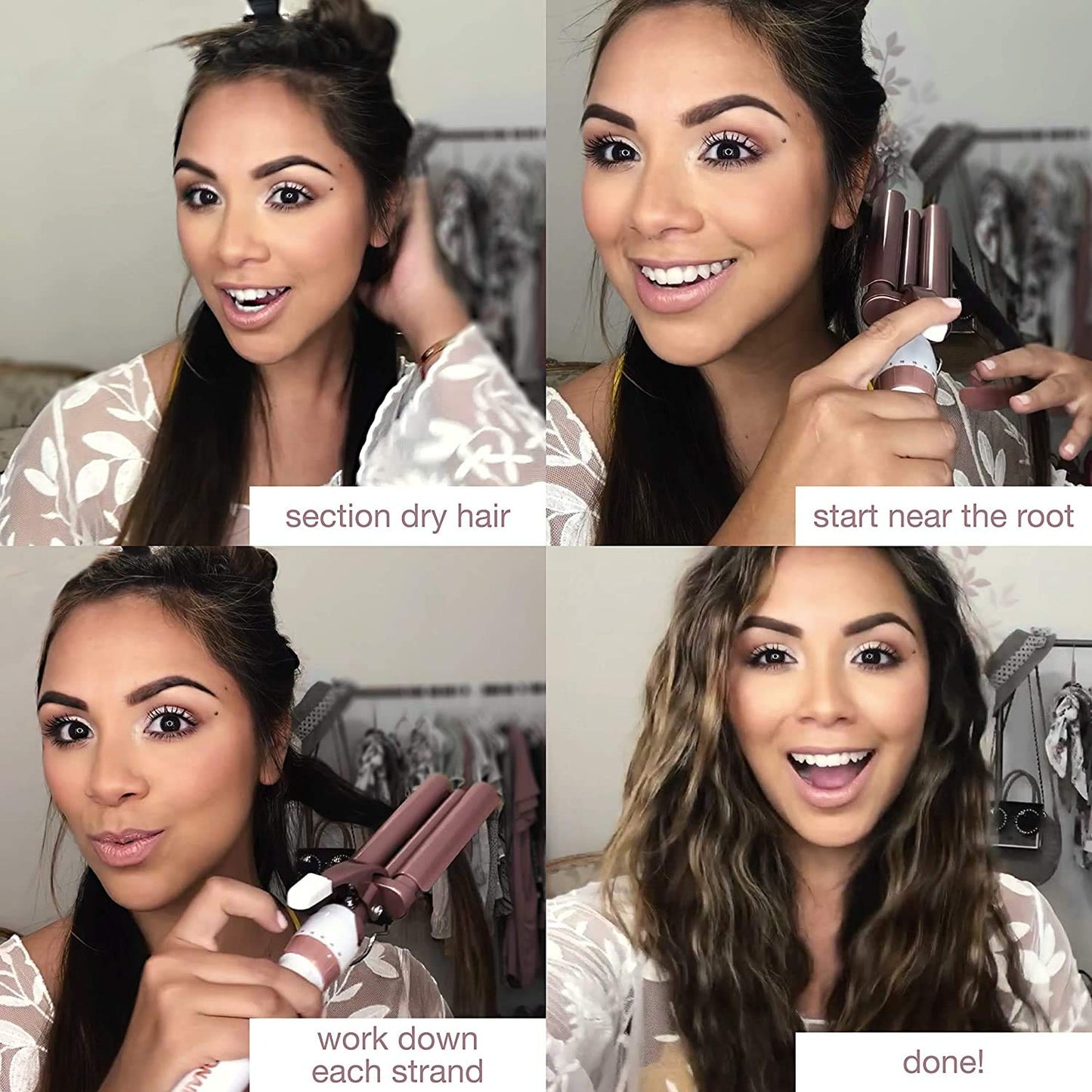 Conair CD704C Double Ceramic Triple Barrel Curl Styling Waver, Deep waves, Long lasting nautral tight waves for all hair lengths, Turbo Heat® – up to 68°F (20C) burst of heat, White/ Rose Gold 🍁 All In One Marketplace Canada