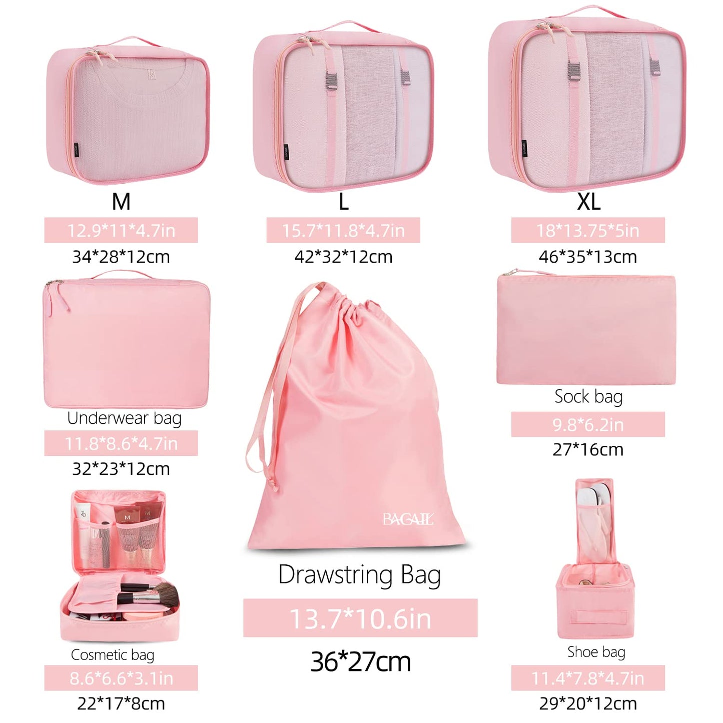 BAGAIL 8 Set Packing Cubes, Lightweight Travel Luggage Organizers with Shoe Bag, Toiletry Bag & Laundry Bag (Blush Pink) 🍁 All In One Marketplace Canada