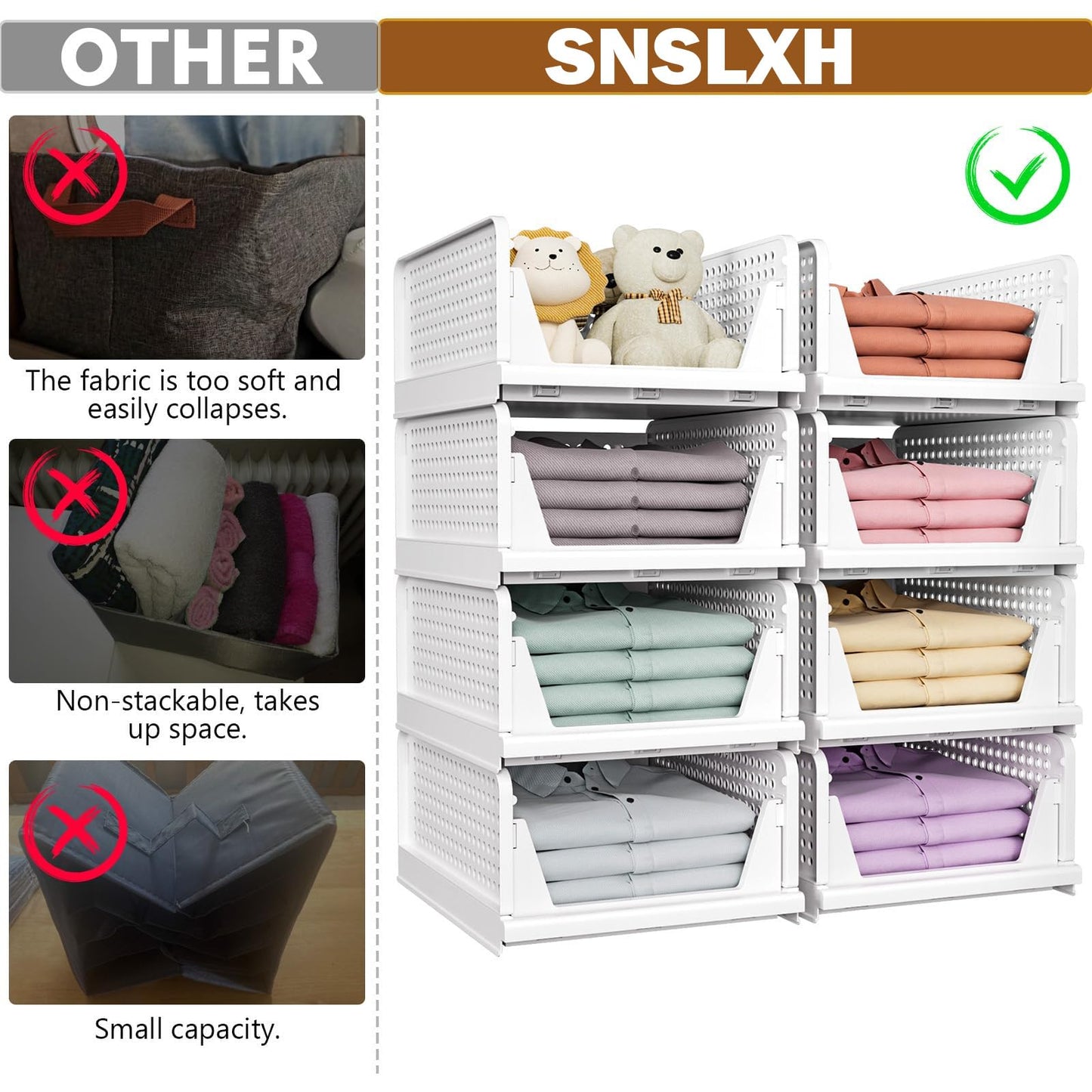 SNSLXH 5 Pack White Stackable Closet Organizer Box, Multifunctional & Foldable Storage Basket for Bathroom, Kitchen, Laundry Room, Wardrobe, Space-Saving Clothes Storage Drawer Organizer 🍁 All In One Marketplace Canada