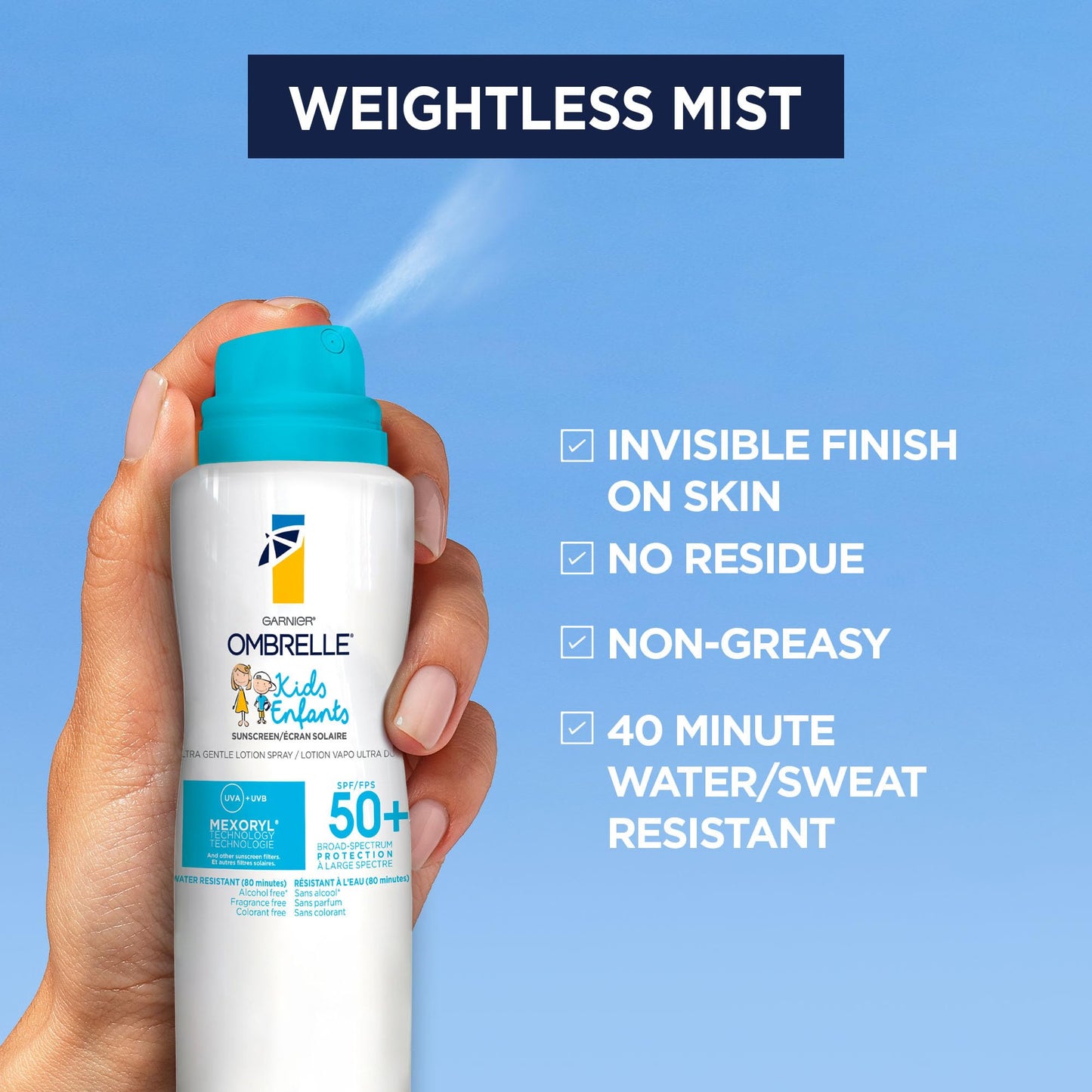 Garnier Ombrelle Kids Sunscreen Spray, SPF 50+, High Protection, Body Mist, Formulated for Sensitive Skin, Water-Resistant, Broad Spectrum UVA/UVB Protection, Non-comedogenic, 122g 🍁 All In One Marketplace Canada
