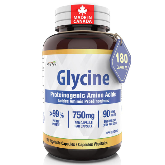 Herba Glycine Supplement 750mg - 180 Capsules | >99% Ultra Pure Glycine Capsules | Free-form Proteinogenic Amino Acids Supplements | Made in Canada 🍁 All In One Marketplace Canada