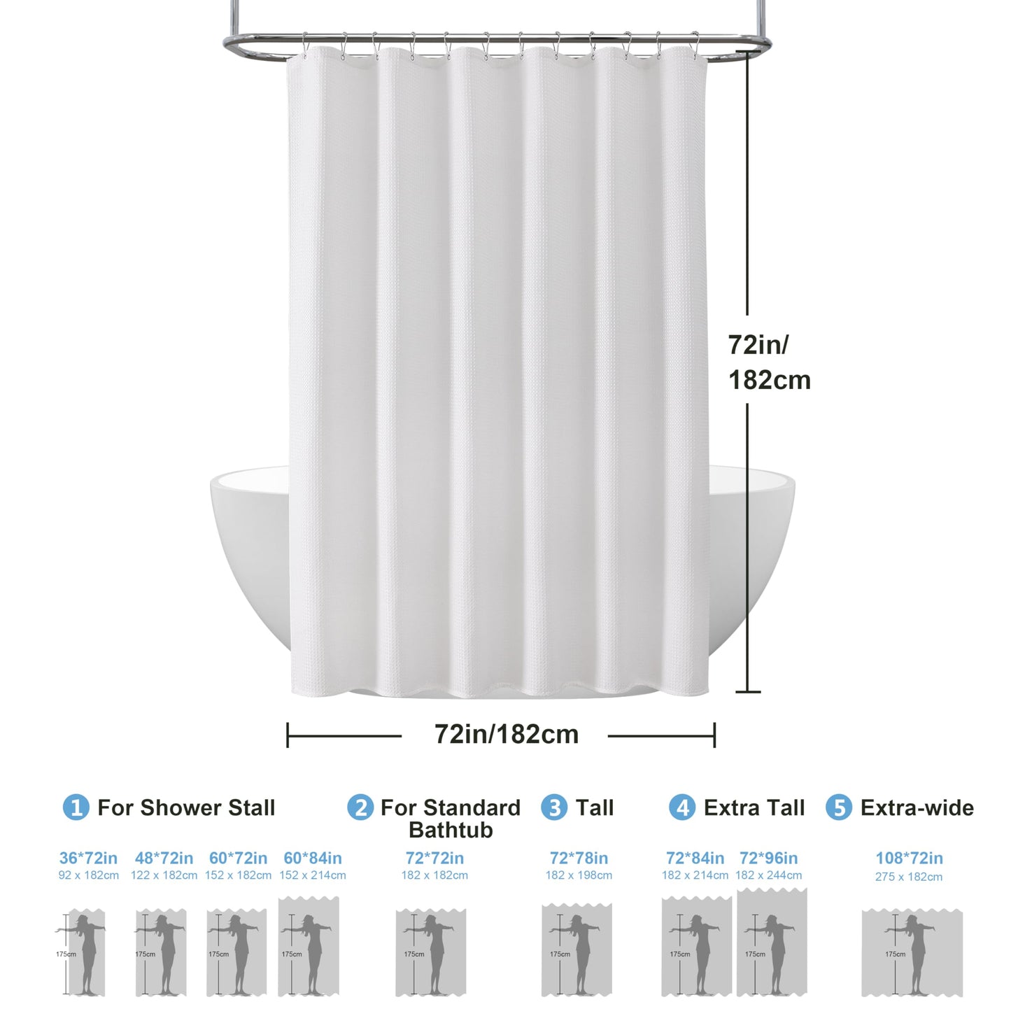 Waffle Weave Shower Curtain with Stainless Steel Hooks - 256 GSM Heavy Duty Fabric Bath Curtains, Hotel Luxury Quality, Water Resistant, Machine Washable, Weighted Hem, 72 x 72 Inches (White) 🍁 All In One Marketplace Canada