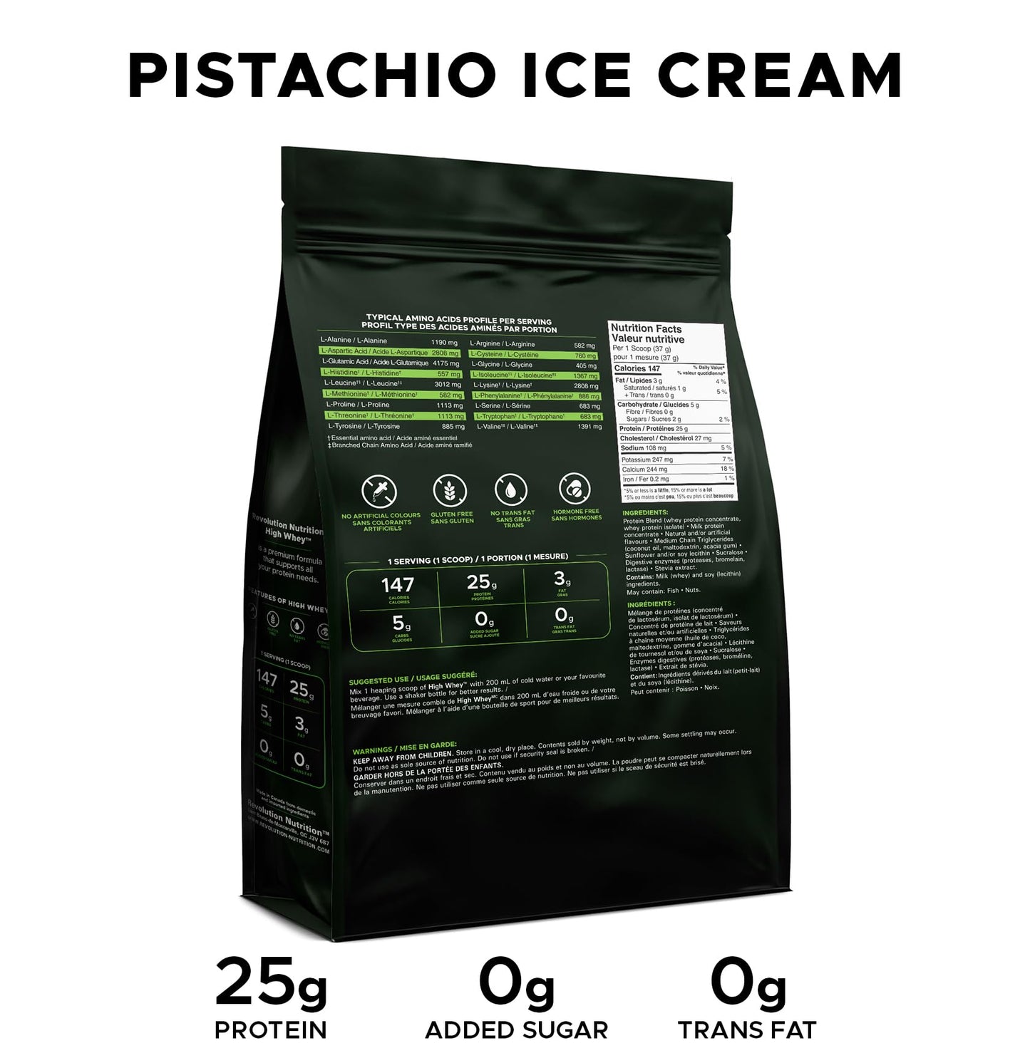 Revolution Nutrition, High Whey, Protein Powder 6LB bag, Whey Protein, Gluten Free, 25g of Protein Per Scoop, 2.7kg, 73 Servings (Pistachio Ice Cream, 6 Pound Bag) 🍁 All In One Marketplace Canada