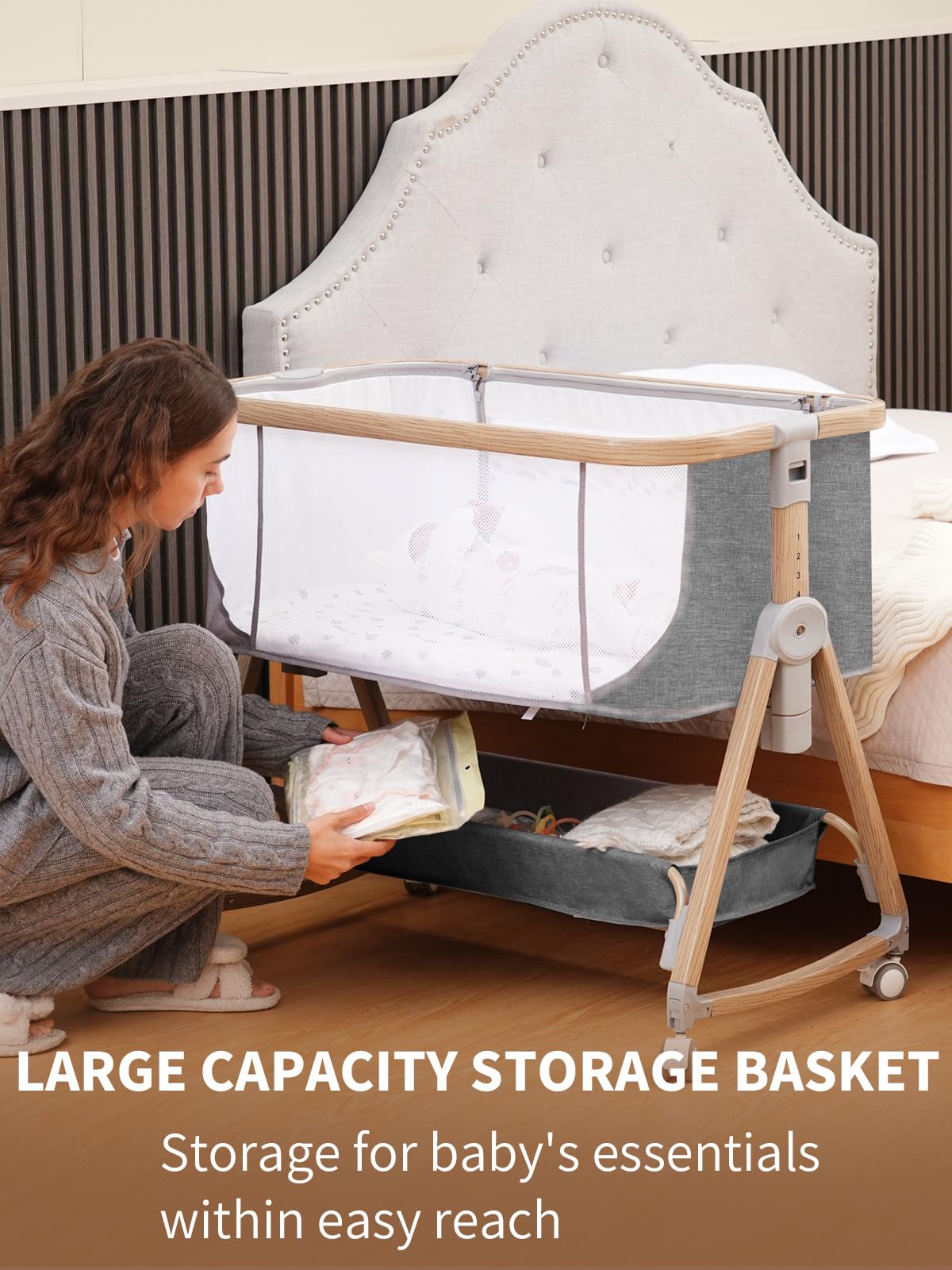 Baby Bassinet Bedside Sleeper - 3 in 1 Bassinets with Waterproof Sheets, Soft Mattress and Breathable Mesh, Adjustable Height Bedside Bassinet for Baby with Wheels, Storage Basket, Gray 🍁 All In One Marketplace Canada