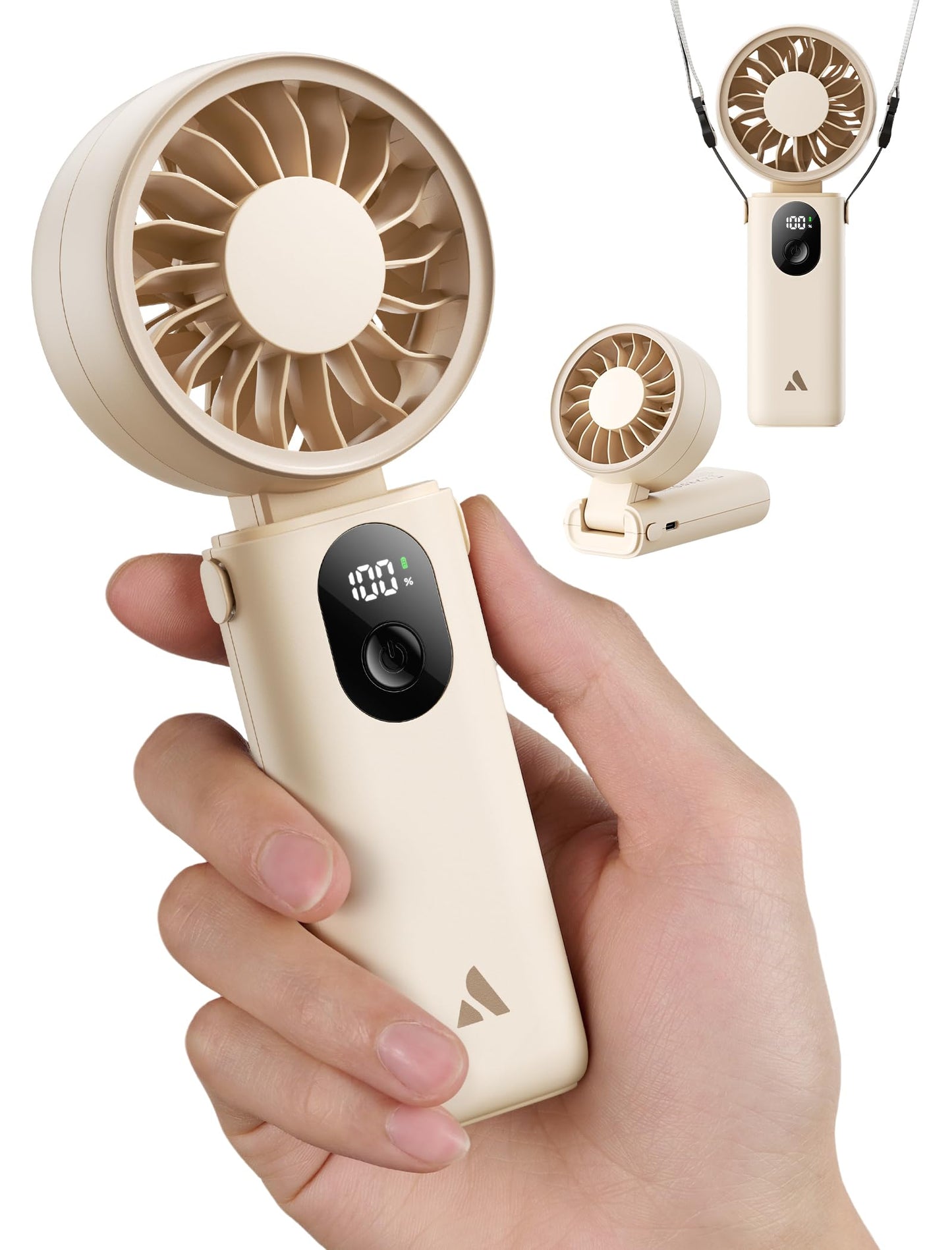 Aecooly Mighty Portable Hand Fan, 3 IN 1 USB Rechargeable Handheld Fan, [20H Max Cooling Time], 5-Speed Wind, LED Display, Mini Foldable Personal for Travle, Summer, Gifts for Women-Beige 🍁 All In One Marketplace Canada