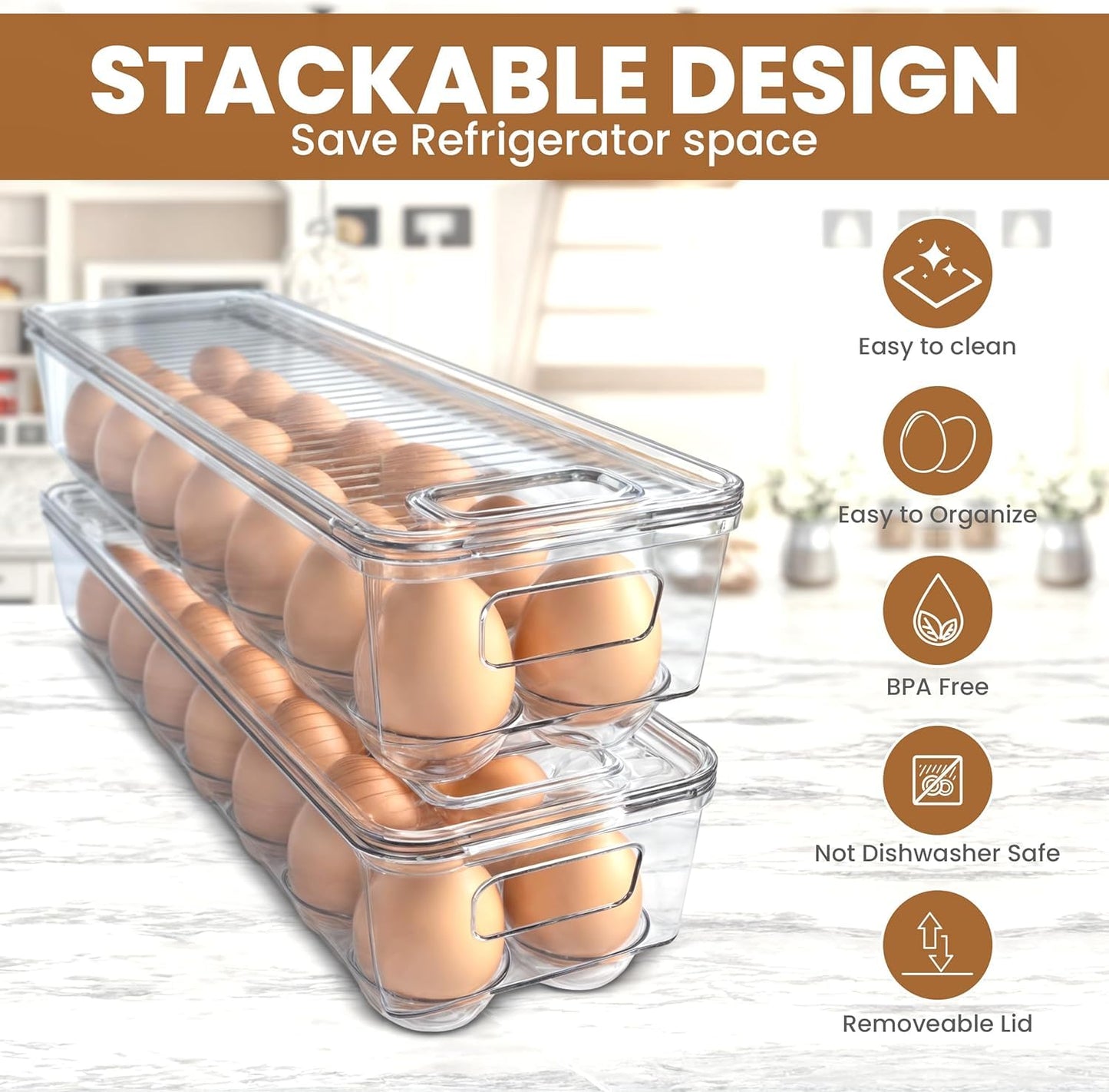 KICHLY Pack of 2 - Egg Basket for fridge - Egg Holder for Fridge - 14 Egg Container With Lid & Handle, Egg Container For Refrigerator, Stackable Plastic Egg Tray with Lids (Clear) 🍁 All In One Marketplace Canada