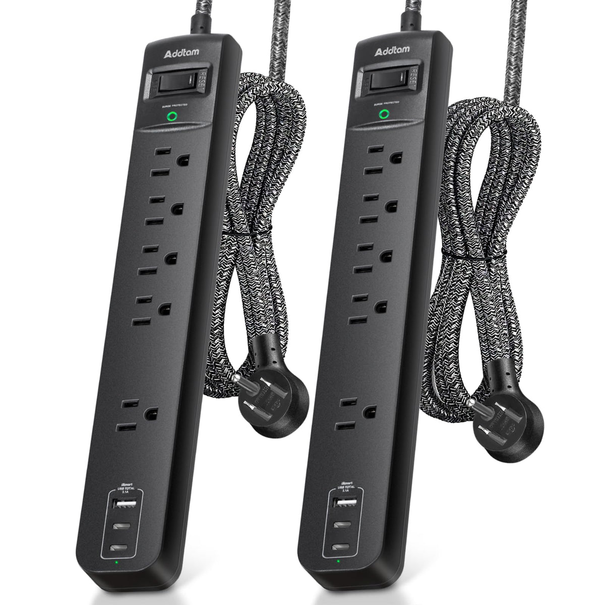 2 Pack Power Bar Surge Protector - 5 Widely Spaced Outlets 3 USB Charging Ports(2 USB C), 1875W/15A with 6Ft Braided Extension Cord, Flat Plug, Overload Surge Protection, Wall Mount for Home Office 🍁 All In One Marketplace Canada