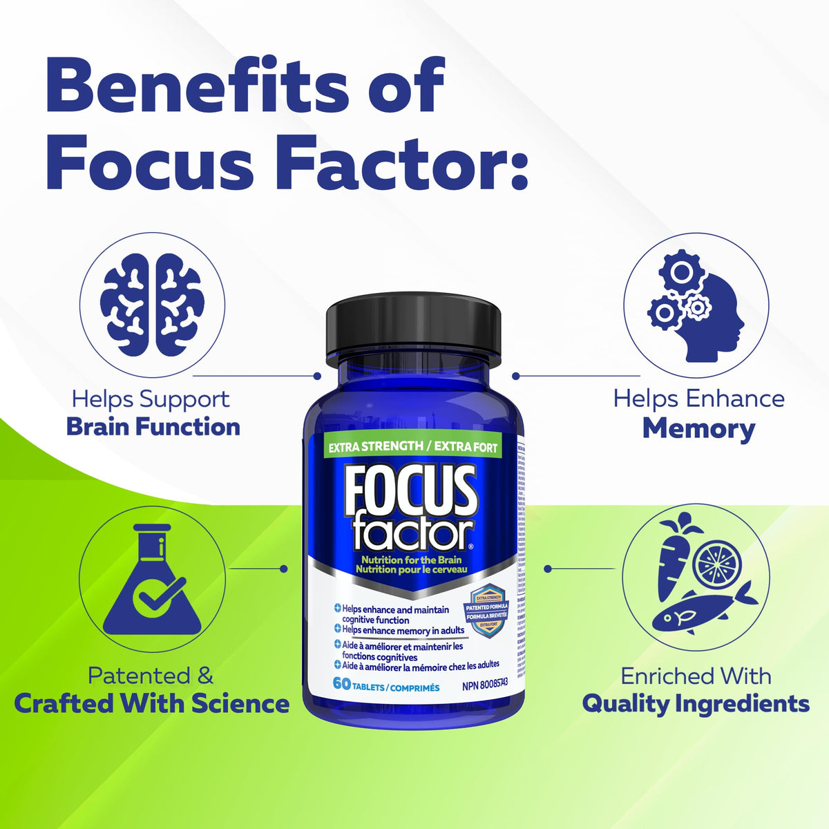 Focus Factor Extra Strength, 60ct - Multivitamin Supplement with Vitamin B6, B12, D3, Zinc, Phosphatidylserine, Bacopa Monnieri, Ginkgo Biloba & DMAE to enhance memory & cognitive function in adults 🍁 All In One Marketplace Canada