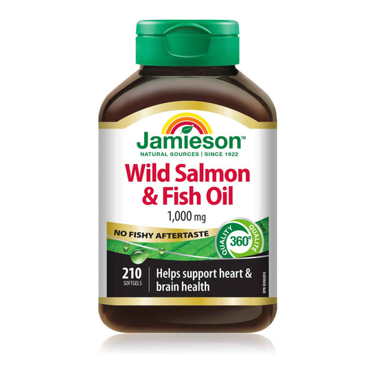 Jamieson Wild Salmon & Fish Oil 1,000 mg, No Fishy Aftertaste, Supports Heart Health and Brain Health. With Wild Alaskan Salmon, EPA, and DHA, Non-GMO, Gluten-Free, Proudly Canadian, 210 Softgels 🍁 All In One Marketplace Canada