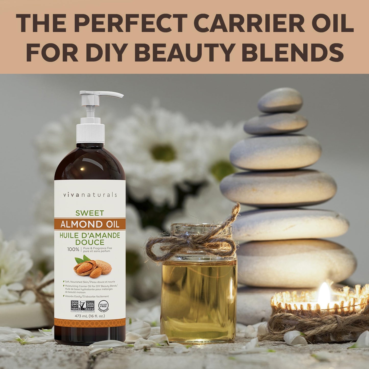 Viva Naturals Sweet Almond Oil – Almond Oil for Skin, Hair & Face, Body Oil After Shower, Body Oil for Dry Skin, Carrier Oil for Essential Oils & Almond Hair Oil, 16 fl oz 🍁 All In One Marketplace Canada
