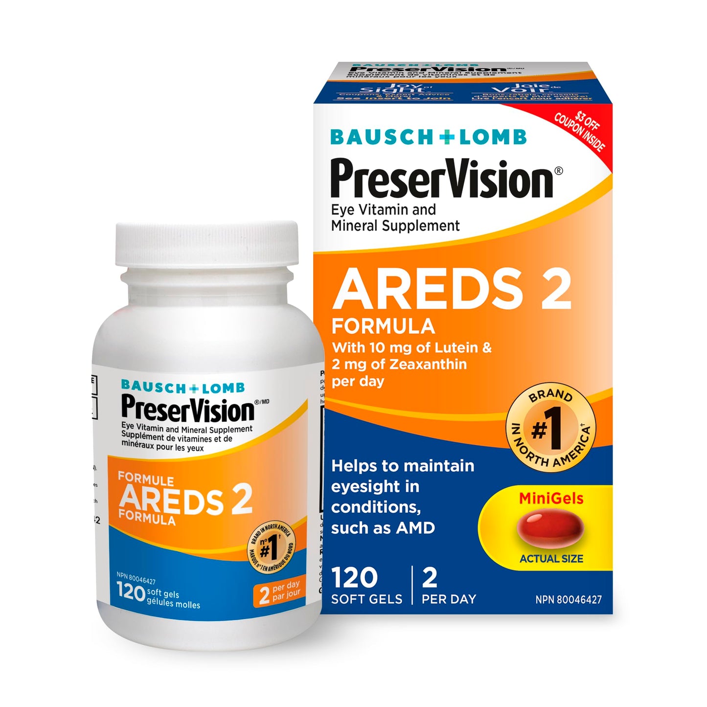 PreserVision AREDS 2 Eye Vitamin & Mineral Supplement, Contains Lutein, Vitamin C, Zeaxanthin, Zinc, Vitamin E, Eye Health Supplements for Adults, 120 Mini Soft Gels (packaging may vary) 🍁 All In One Marketplace Canada