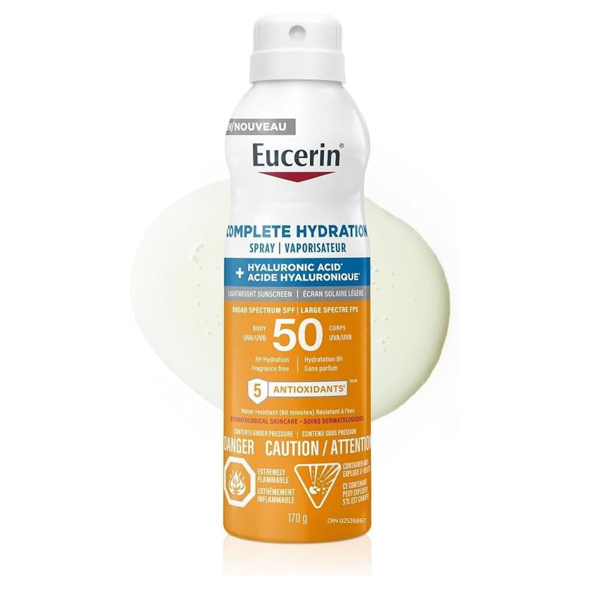 Eucerin Complete Hydration Sunscreen Spray, Daily Body Sunscreen SPF 50 With Hyaluronic Acid, Lightweight Body SPF 50 Spray with UVA-UVB Sun Protection, Fragrance Free & Water Resistant, 170 g Spray Bottle 🍁 All In One Marketplace Canada