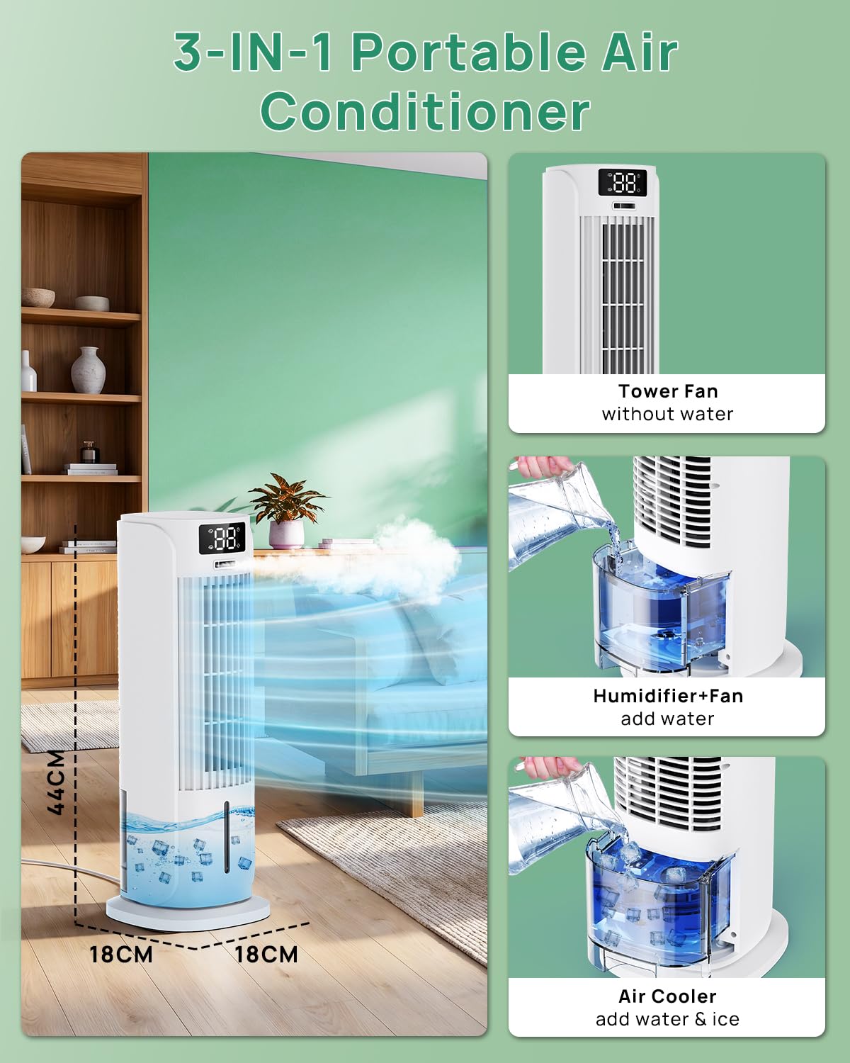 Portable Air Conditioner, 800ML Water Tank, 6 Speeds & 2 Cool Mist, 3 IN 1 Air Cooler, 90° Auto Oscillation, 12H Timer, 5M Remote Control, Quiet Cooling Tower Fan Air Conditioner for Room Office 🍁 All In One Marketplace Canada