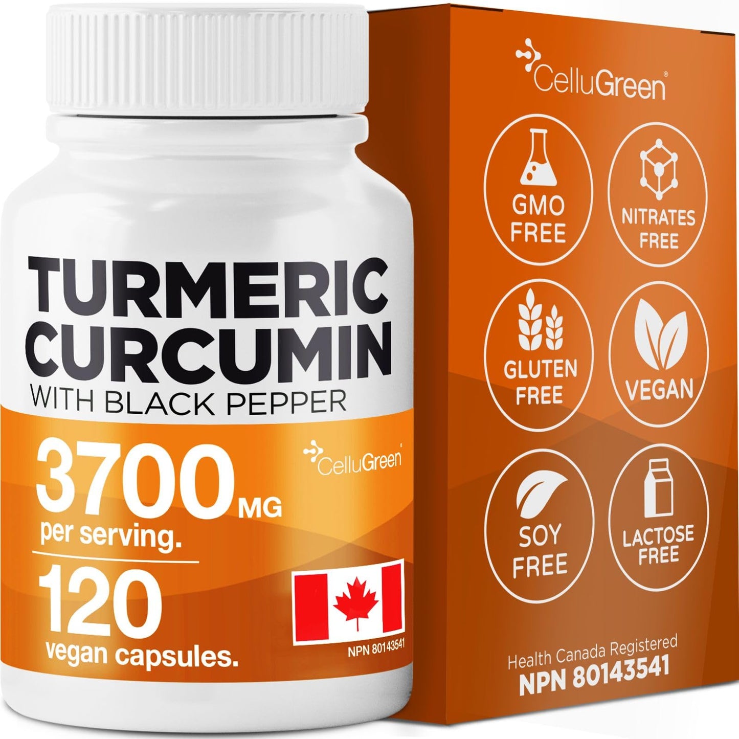 CelluGreen Turmeric Curcumin 3,700mg with Black Pepper Extract — 95% Curcuminoids for Joint Pain Relief & Anti-Inflammatory Support | Curcuma Longa | Non-GMO, Gluten-Free, Made in Canada | 120 Capsules 🍁 All In One Marketplace Canada