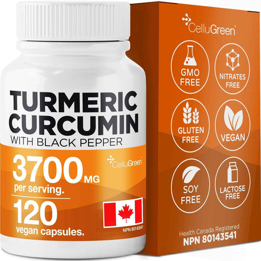CelluGreen Turmeric Curcumin 3,700mg with Black Pepper Extract — 95% Curcuminoids for Joint Pain Relief & Anti-Inflammatory Support | Curcuma Longa | Non-GMO, Gluten-Free, Made in Canada | 120 Capsules 🍁 All In One Marketplace Canada