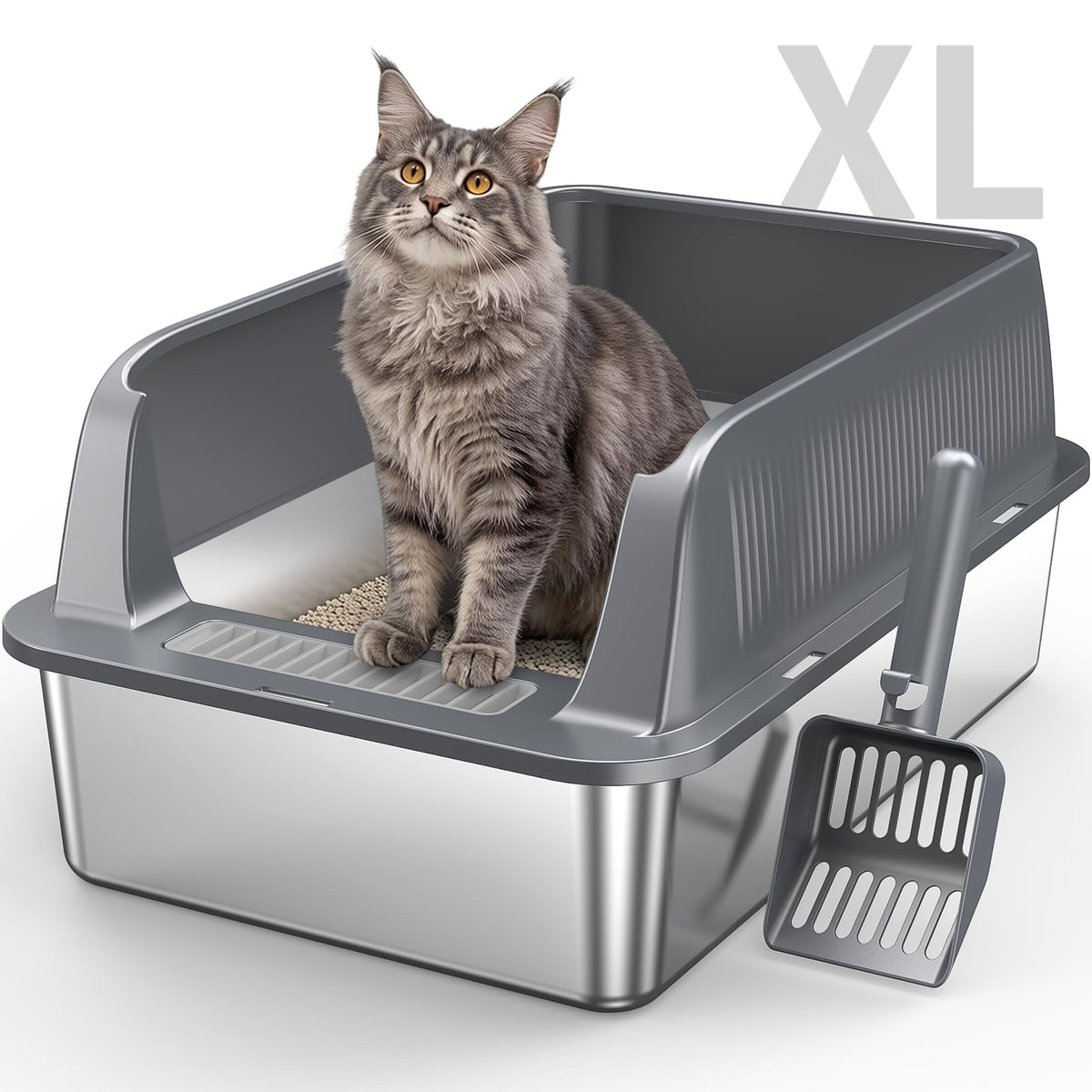 XL Stainless Steel Cat Litter Box with High Sides Lid, Large Litter Box for Big&Multiple Cats, Metal Kitty Litter Boxes with Anti-Leakage Enclosure,Non-Stick,Scoop Included 🍁 All In One Marketplace Canada